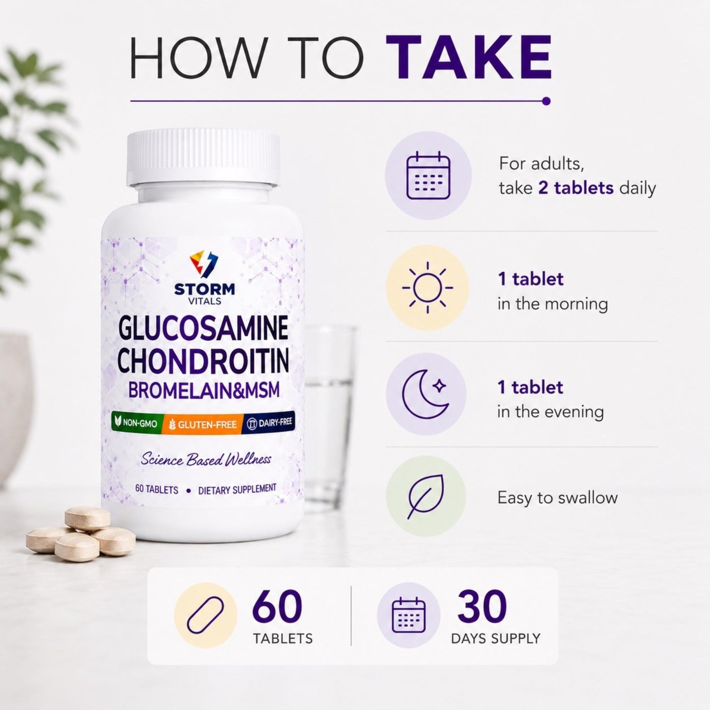 STORM VITALS Glucosamine Chondroitin with MSM, Bromelain, Boswellia, Collagen, Hyaluronic Acid, Selenium & Vitamin D Dietary Supplement, 60 Tablets