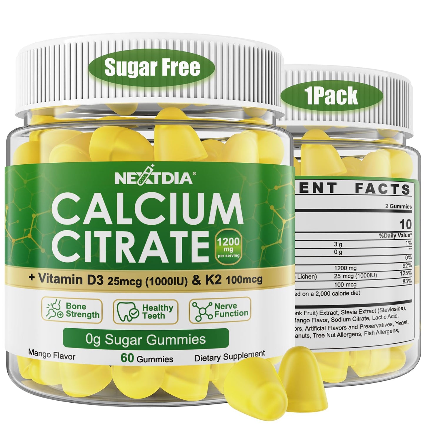 Nextdia Calcium Citrate Gummies 1200mg with Vitamin D3 K2, 60 Gummies