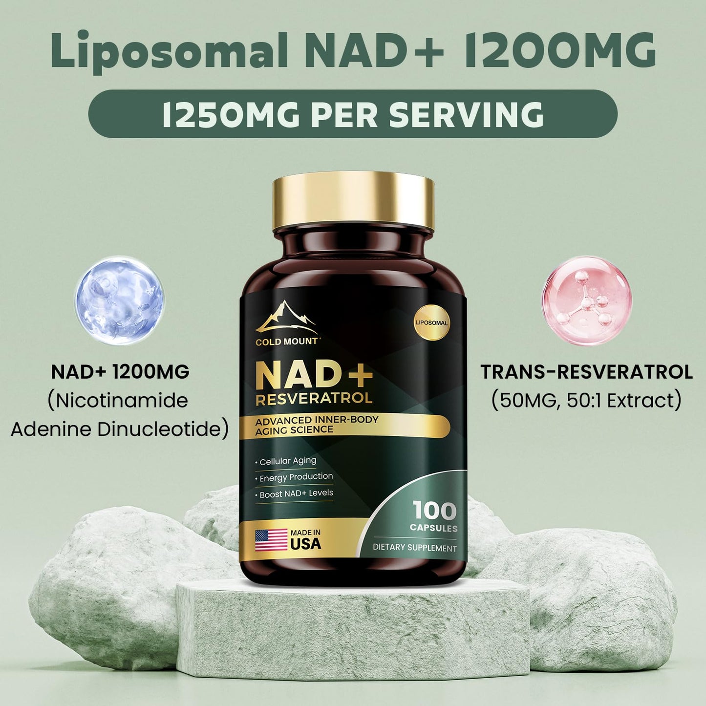 MEGNETA Liposomal NAD+ Supplement 1200mg with Trans Resveratrol Capsules, 100 Capsules