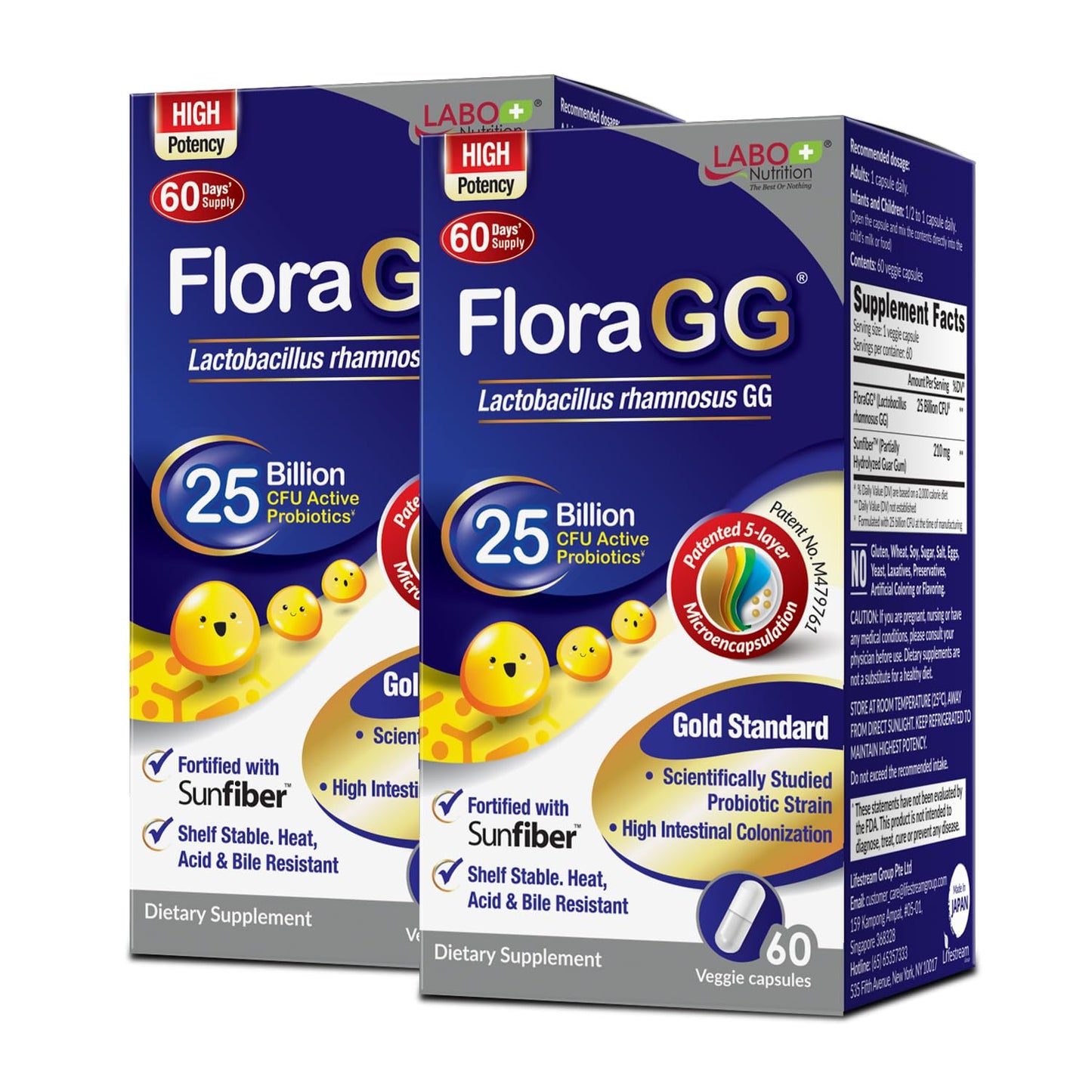 LABO Nutrition FloraGG Lactobacillus Rhamnosus LGG 25 Billion CFU Daily (LGG Probiotic with Sunfiber) 5-Layer Microencapsulated L. Rhamnosus Supplement Capsules 120