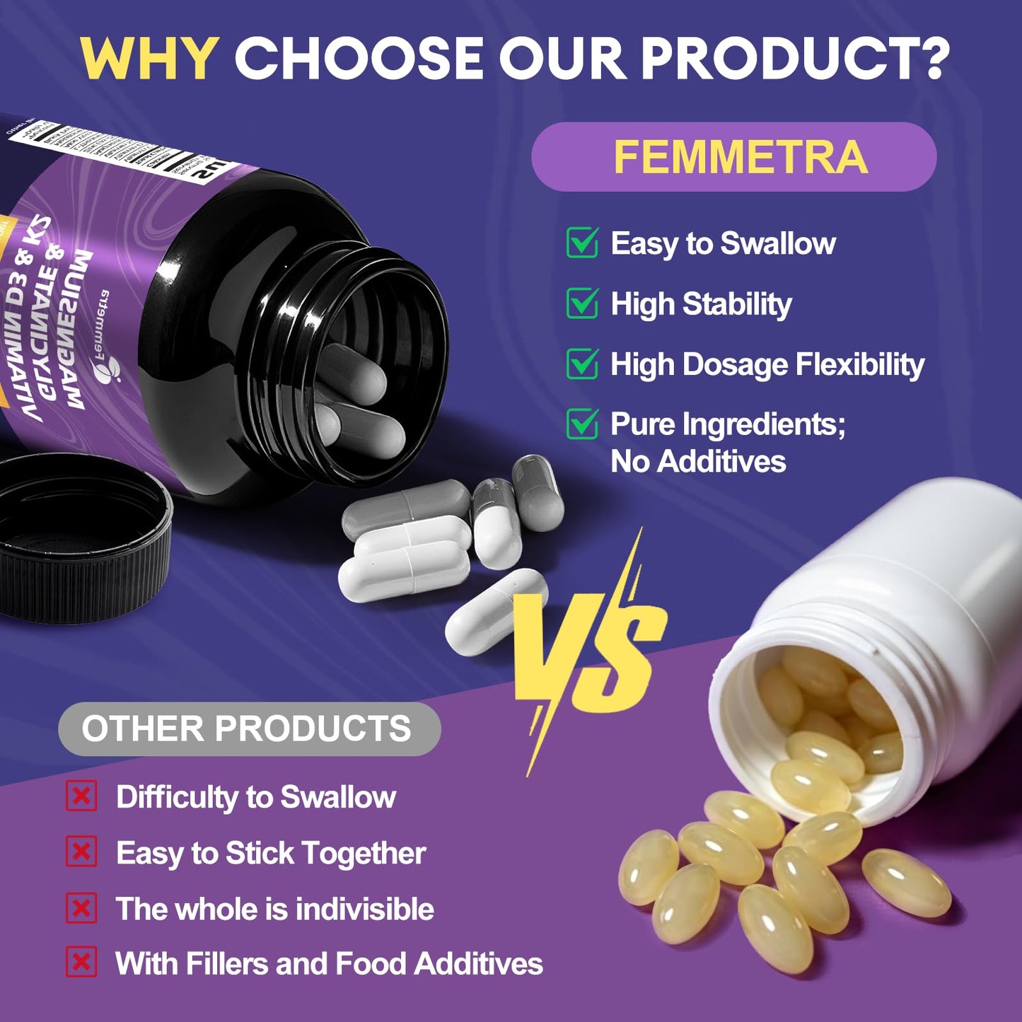 Femmetra Magnesium Glycinate 600mg Vitamin D3 K2 Supplement with Vitamin C, Zinc & Aloe Vera, Capsules, 120 Count