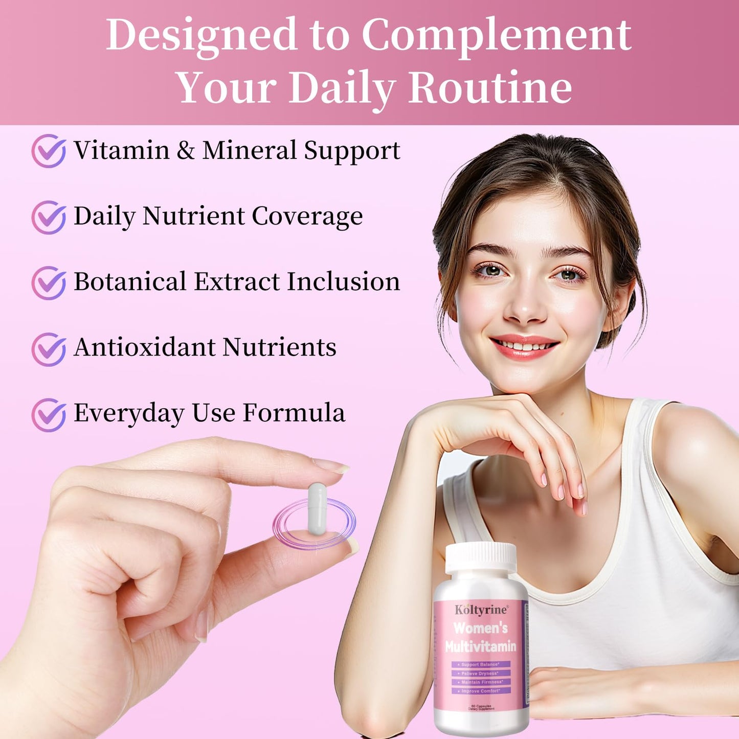 Koltyrine Women's Multivitamin 13-in-1 Complex with Biotin, Collagen & Keratin, Vitamins A, B Complex, C, D3, E & K2 Hair, Skin, Nails & Energy Support, 60 Capsules