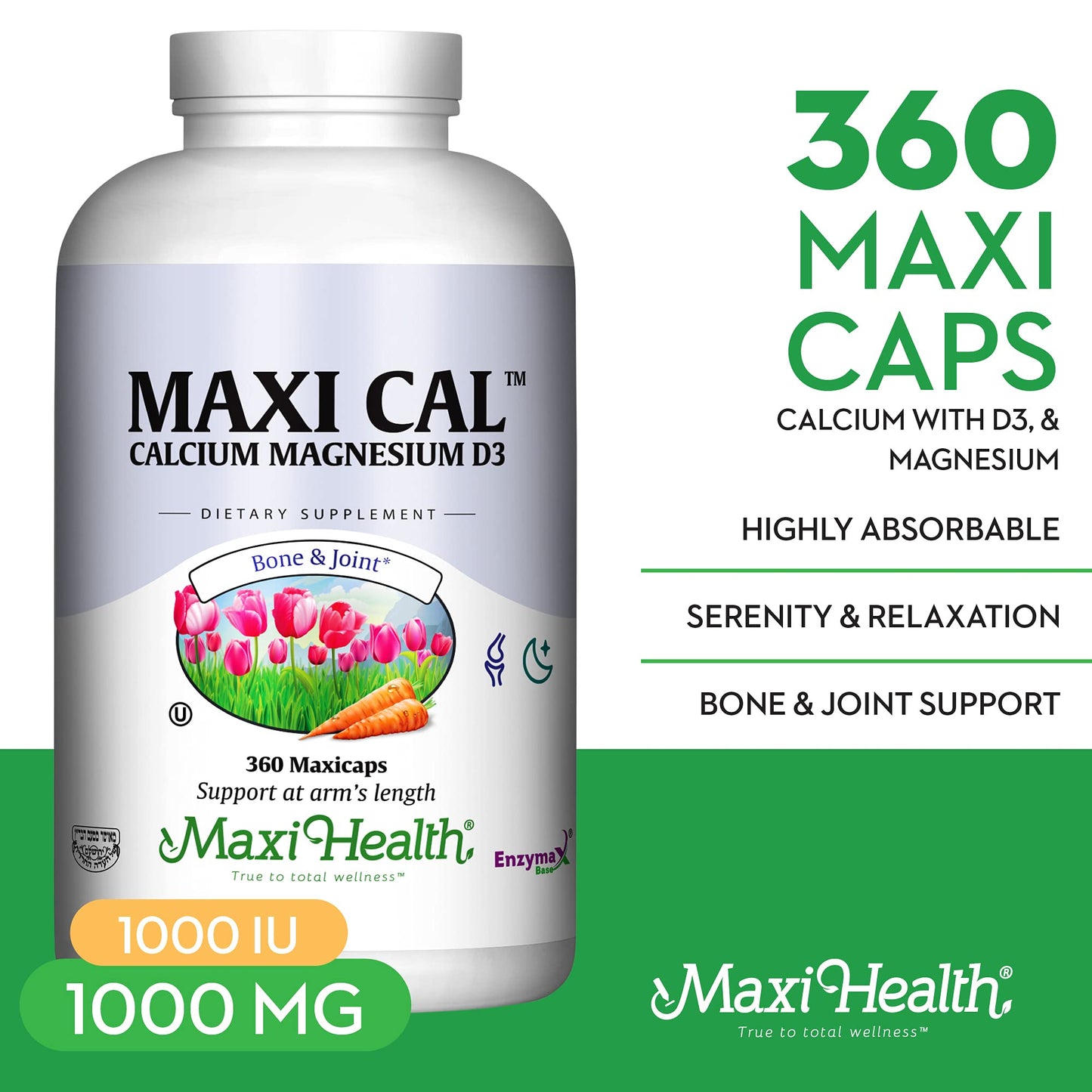 Maxi Health Calcium 1000 mg Supplement with Vitamin D3 (1000 IU) and Magnesium (500 mg) - Bone, Teeth and Joint Support for Men and Women, 360 Capsules