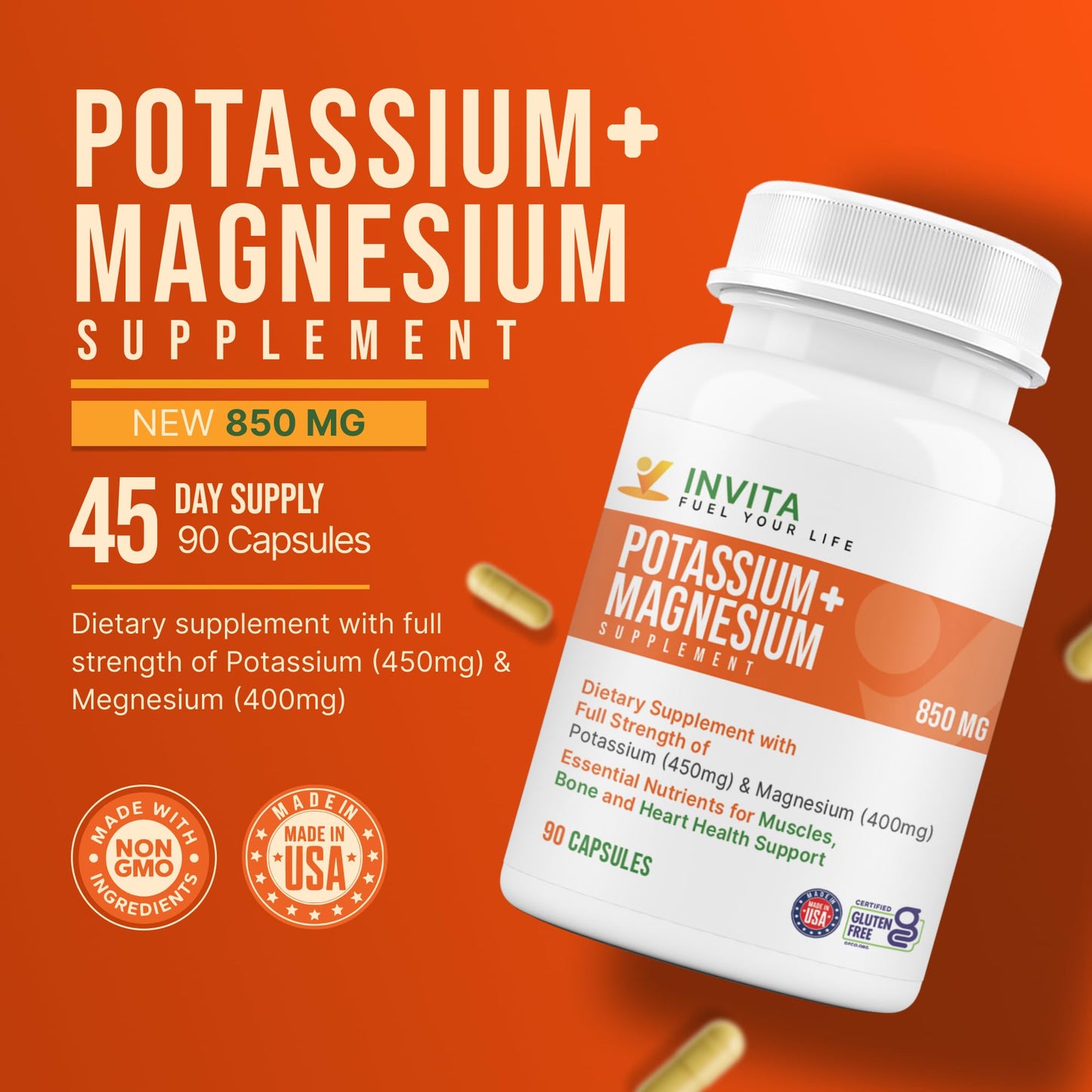INVITA Potassium Magnesium Supplement Capsules 90 Count