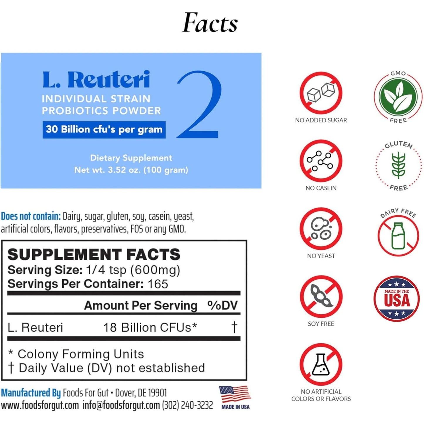 Foods For Gut Lactobacillus Reuteri 2 Probiotic Powder 100 Gram