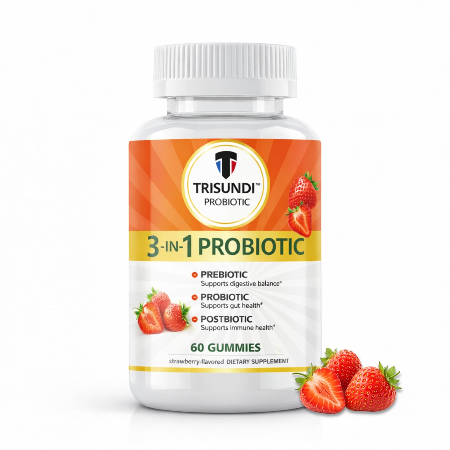 Trisundi 3-in-1 Probiotic Gummies with Prebiotic & Postbiotic, Daily Digestive Support Supplement, 60 Gummies