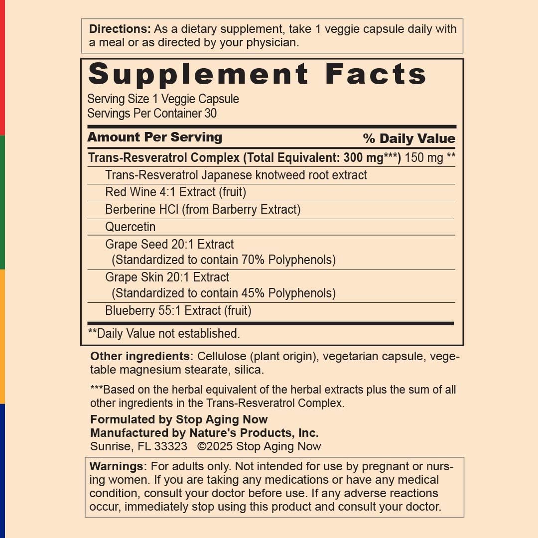 Stop Aging Now Resveratrol Complex Supplement with Berberine Capsule, 30 Capsules