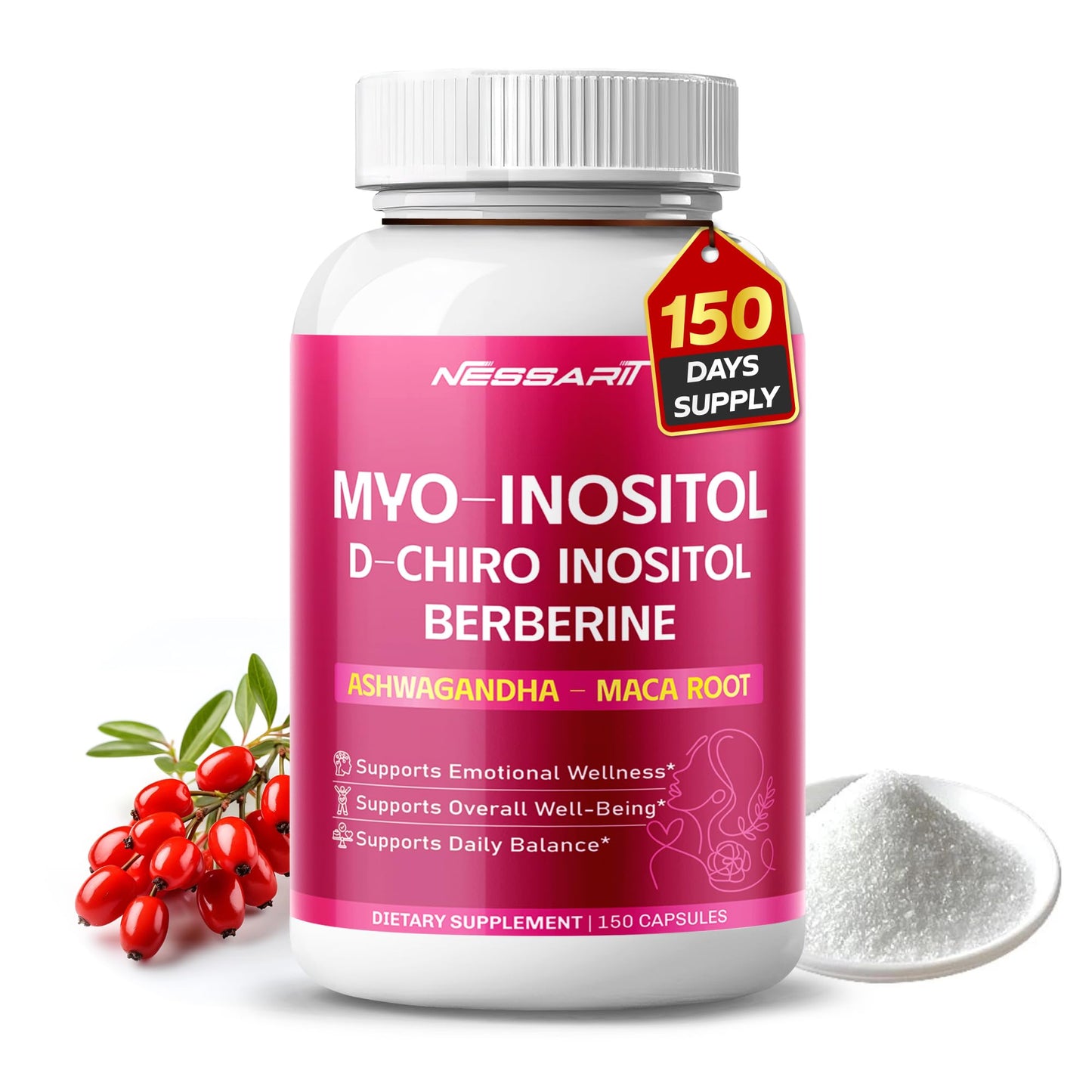 NESSARIT Myo-Inositol, D-Chiro Inositol, Berberine, Ashwagandha & Maca Capsules 150