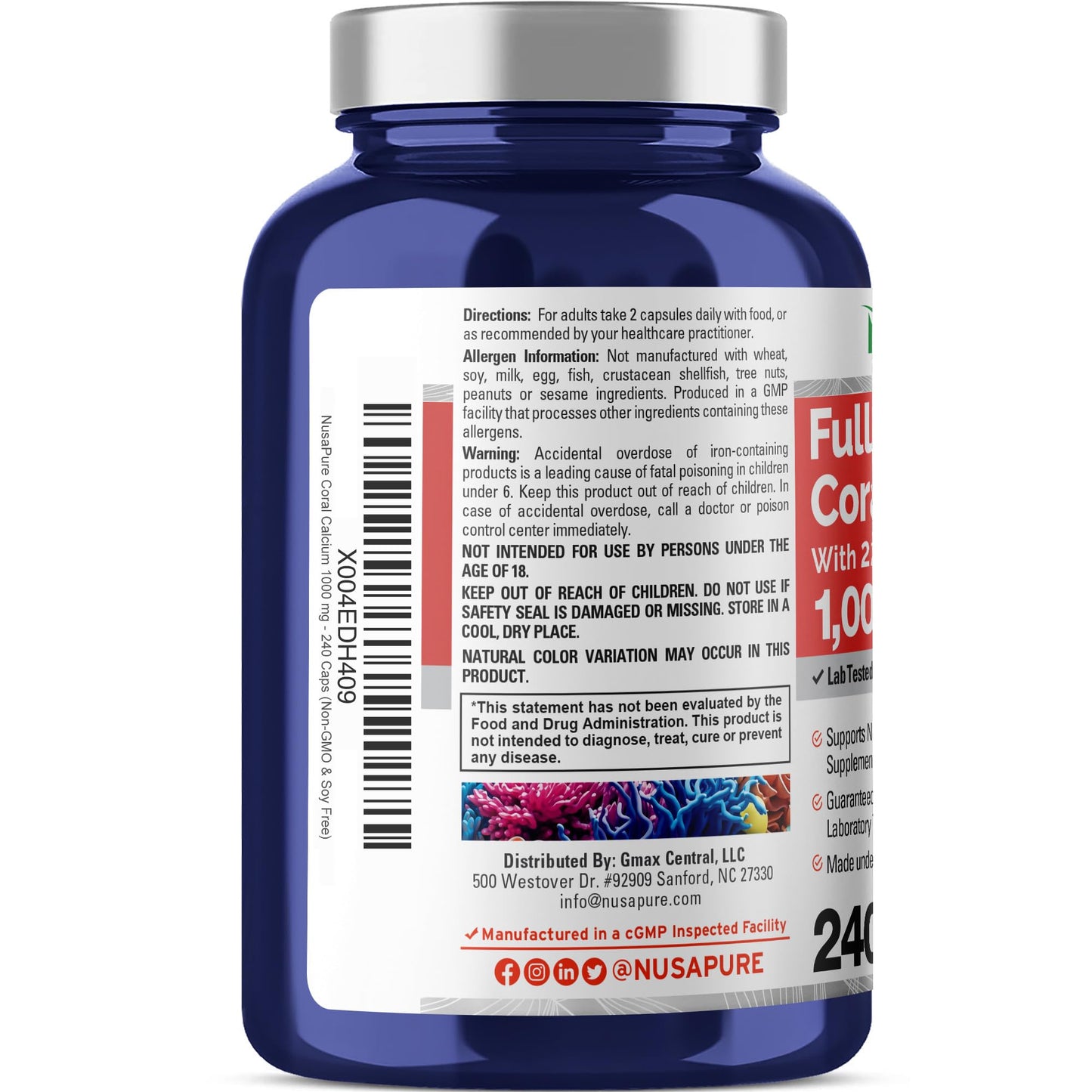 NusaPure Coral Calcium with 22 Vitamins & Minerals, Non-GMO, 1000 mg, 240 Capsules