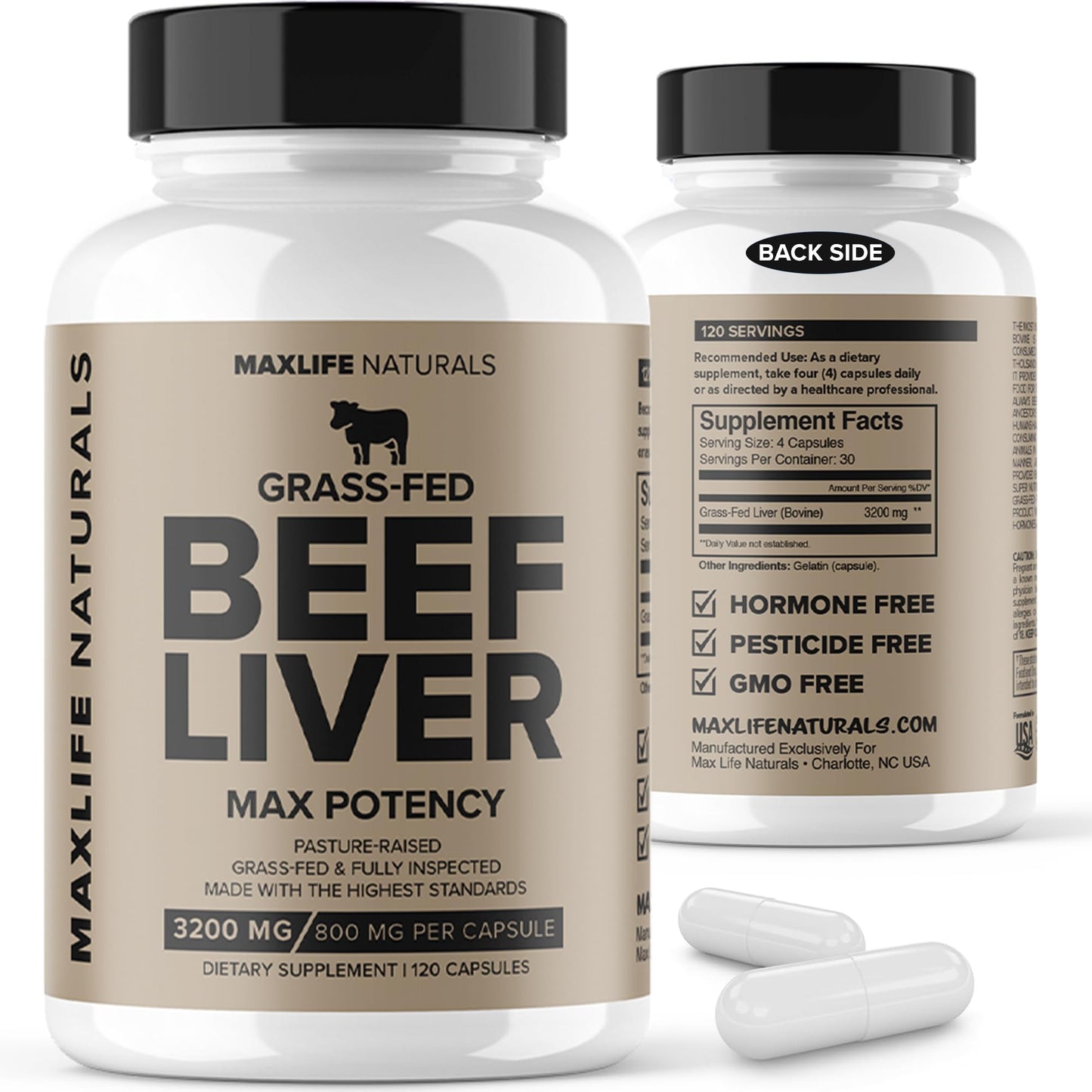 MAXLIFE NATURALS Grass Fed Beef Liver Capsules 3200mg, 120 Capsules