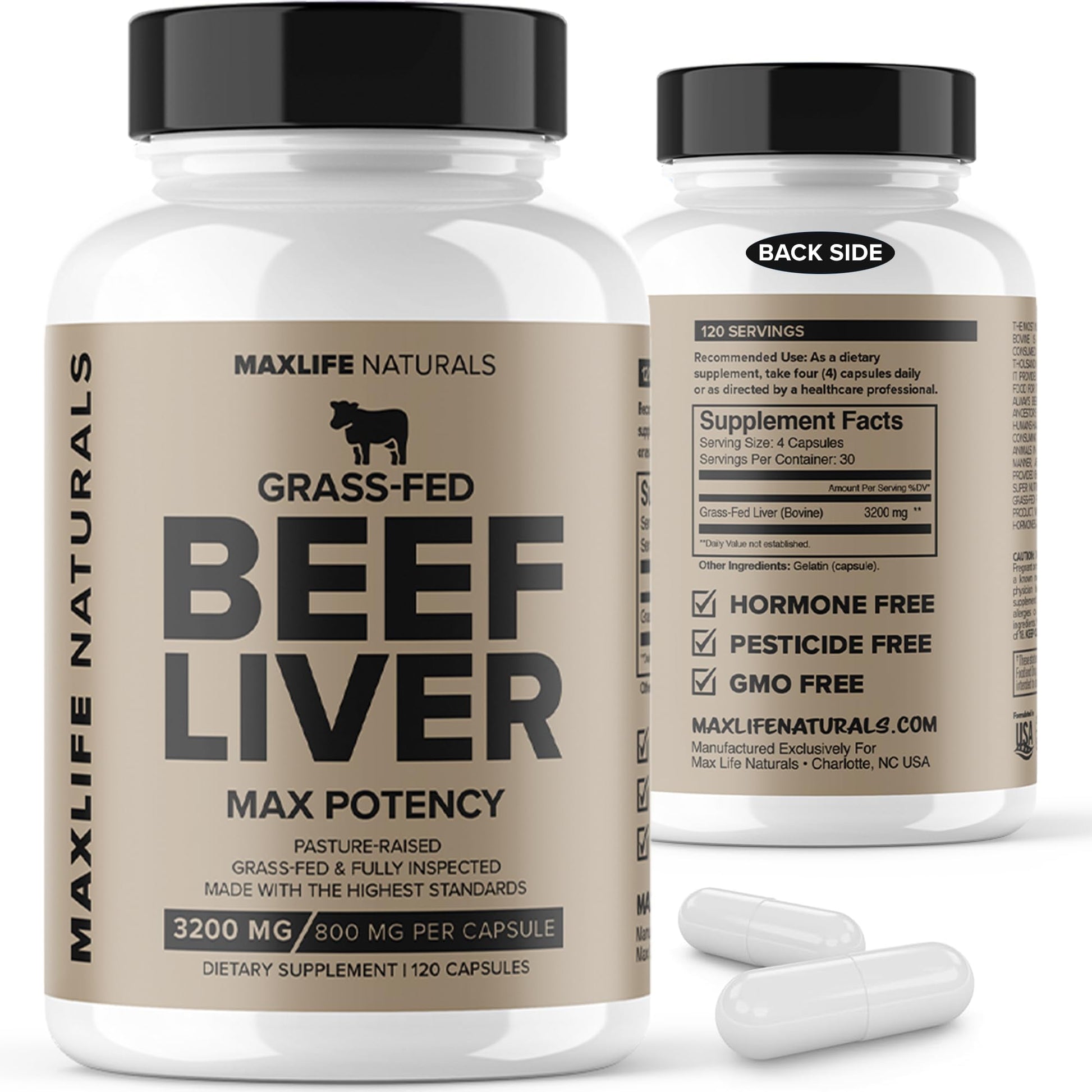 MAXLIFE NATURALS Grass Fed Beef Liver Capsules 3200mg, 120 Capsules