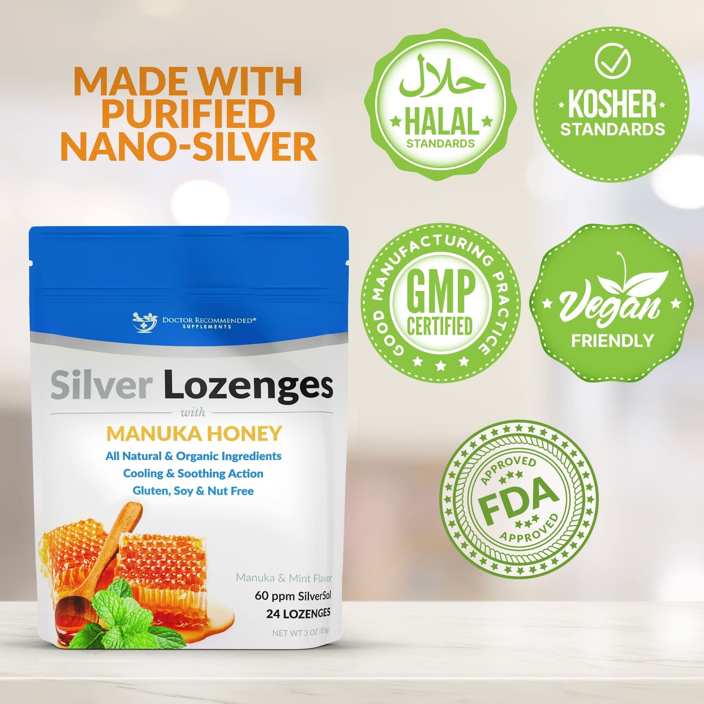 DOCTOR RECOMMENDED SUPPLEMENTS Silver Lozenges with Organic Manuka Honey and Vitamin C, All-Natural Nano Silver Colloidal Silver Mineral Drops 45-50 mcg, 60 PPM, 24 Lozenges