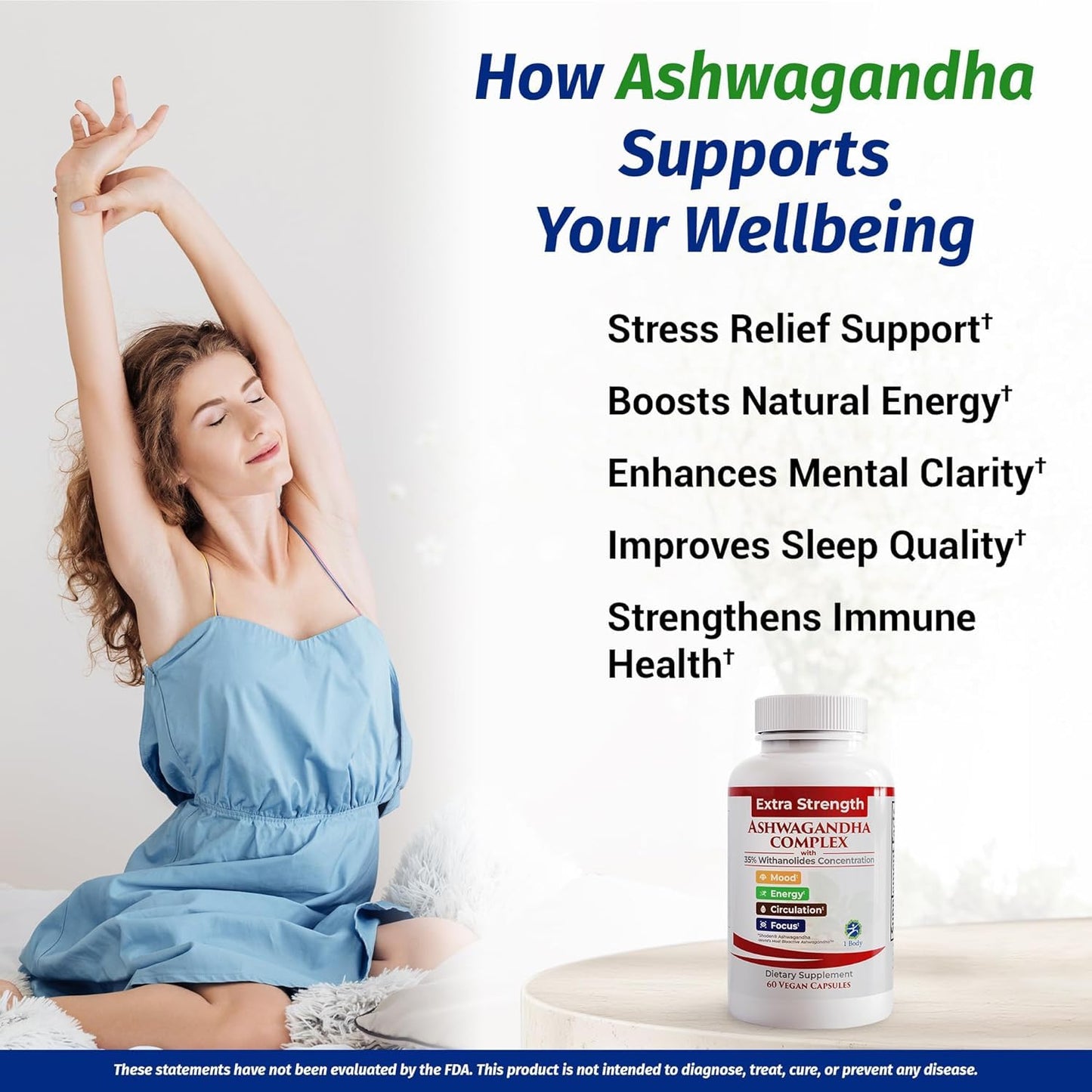 1 Body Ashwagandha Complex Supplement, Focus and Energy Support, 120 Capsules