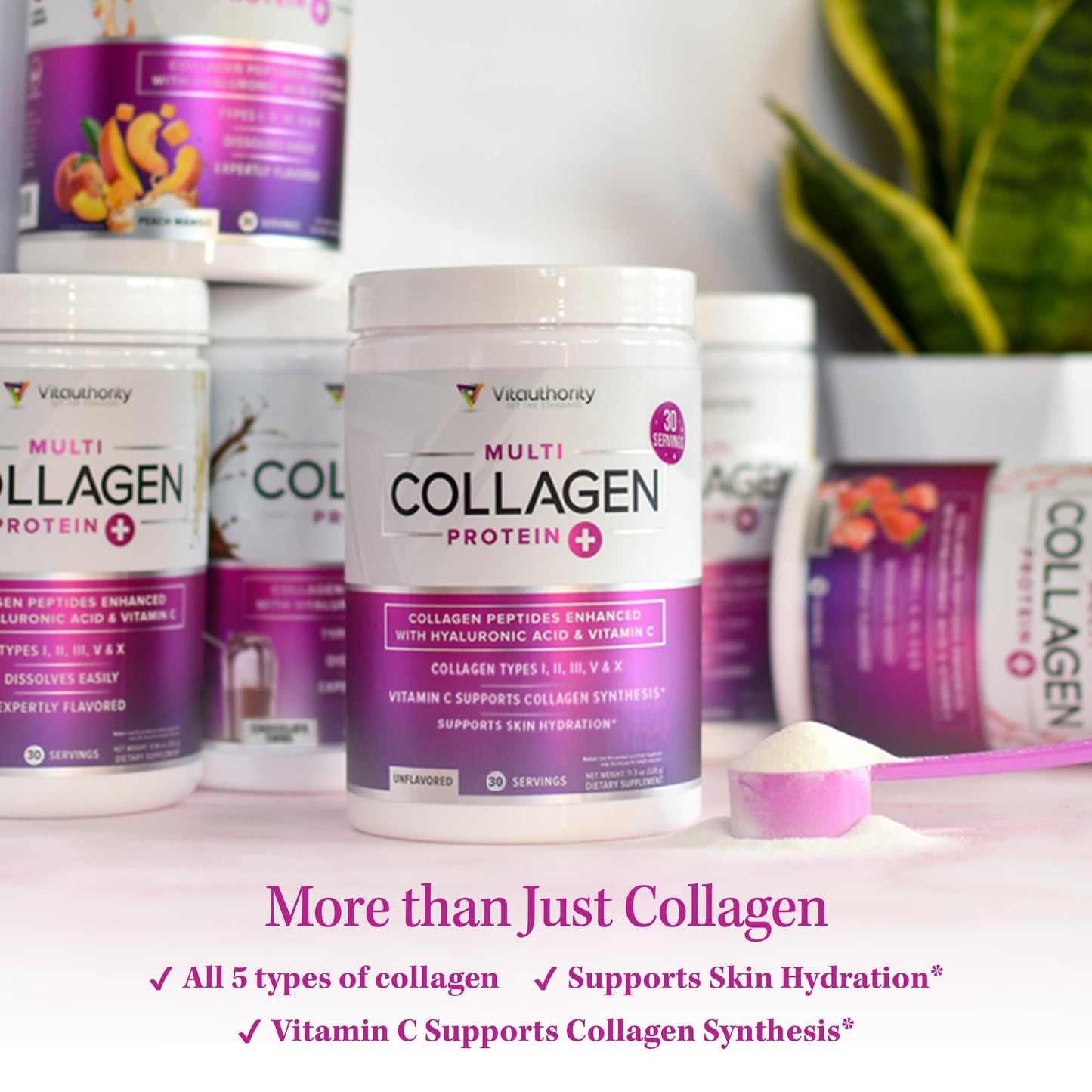 Vitauthority Multi Collagen Peptides Powder for Women, Peach Mango, Hydrolyzed, Types I II III V & X, Vitamin C & Hyaluronic Acid for Hair Skin Nails, 10 Servings