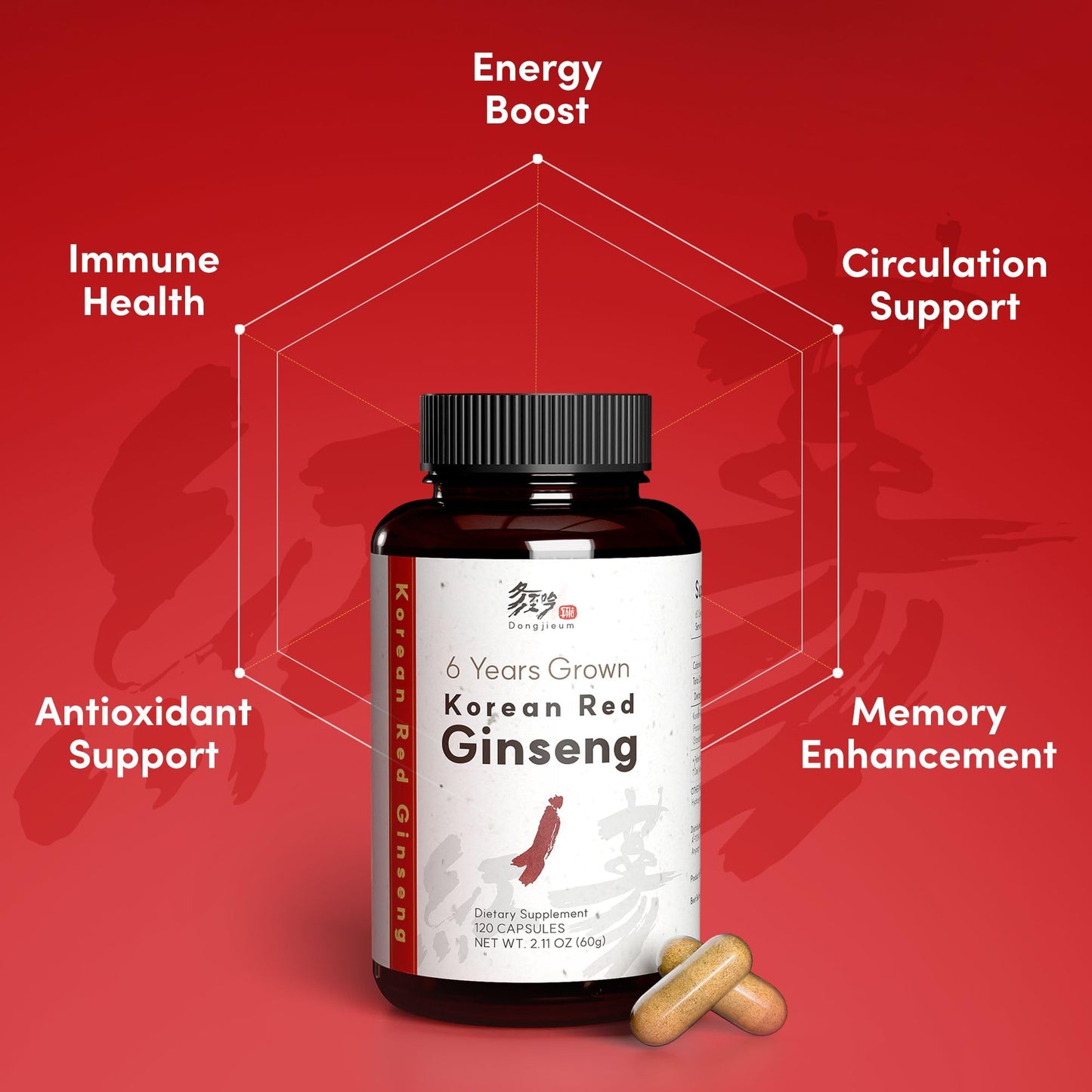 Dongjieum Korean Red Ginseng (6-Year Root) Enhanced Ginsenoside Capsule, 120 Count