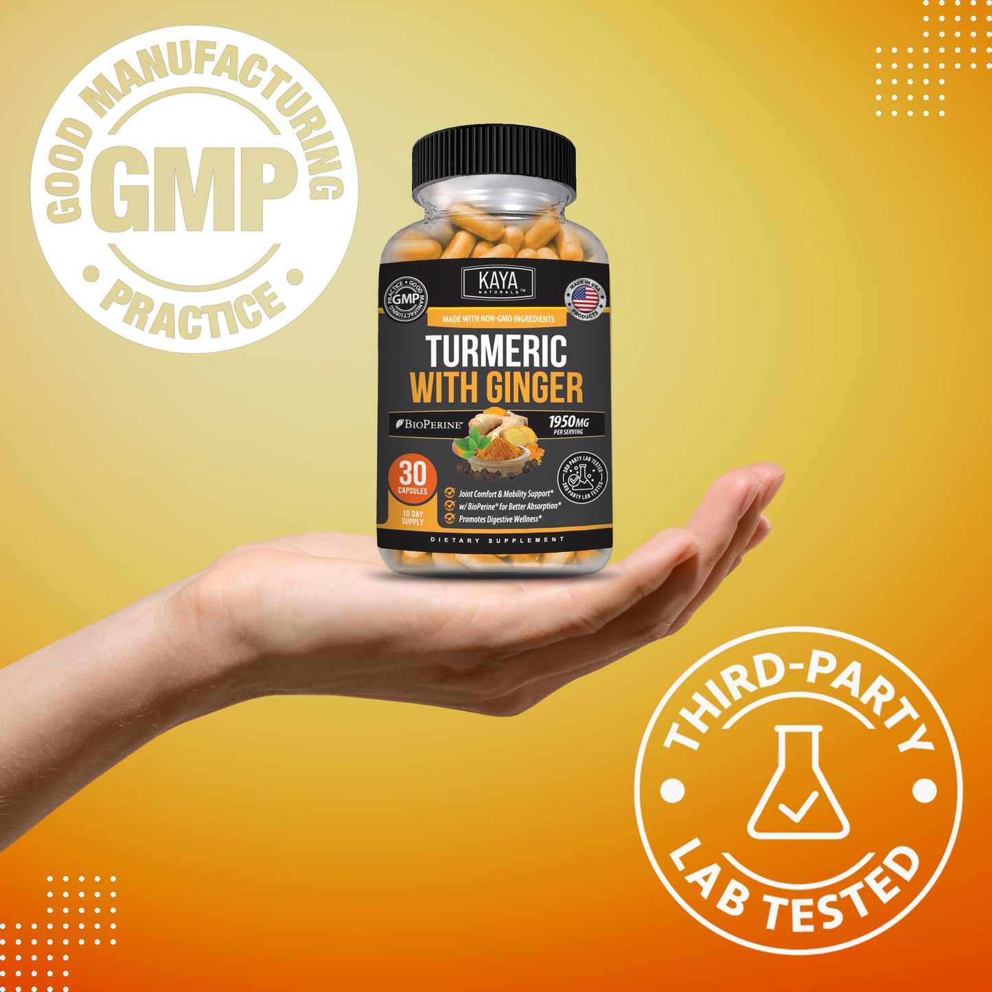Kaya Naturals Tumeric Curcumin Standardized - Tumeric Ginger Supplement Movement Support with Bioperine - 1950mg - 30 Capsules