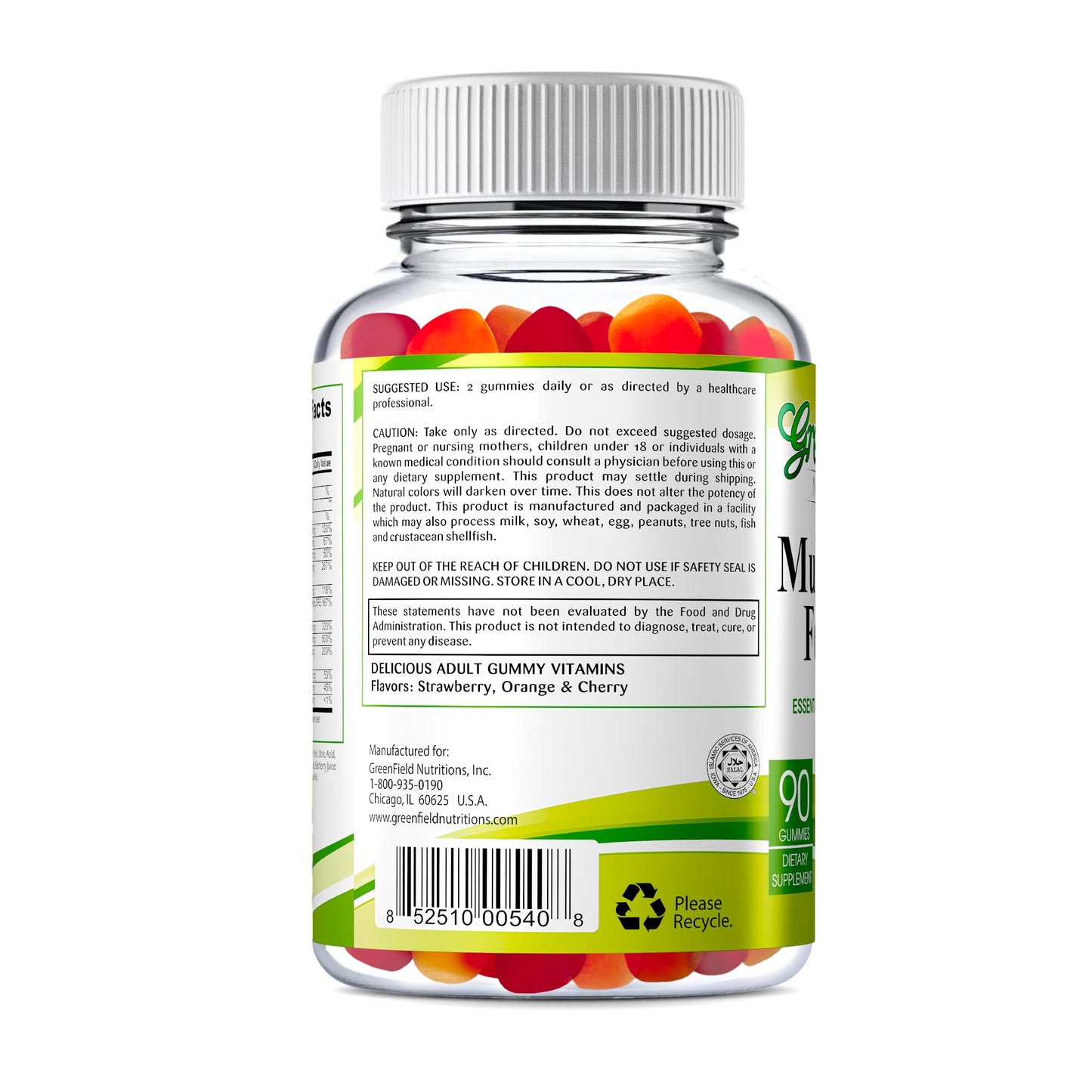 Green Field Nutritions Halal Multivitamin Gummies for Adults Gelatin-Free Chewable Multivitamin with Vitamin D3, B6, B12, Zinc & C – Halal Vitamins for Men and Women, 90 Gummies