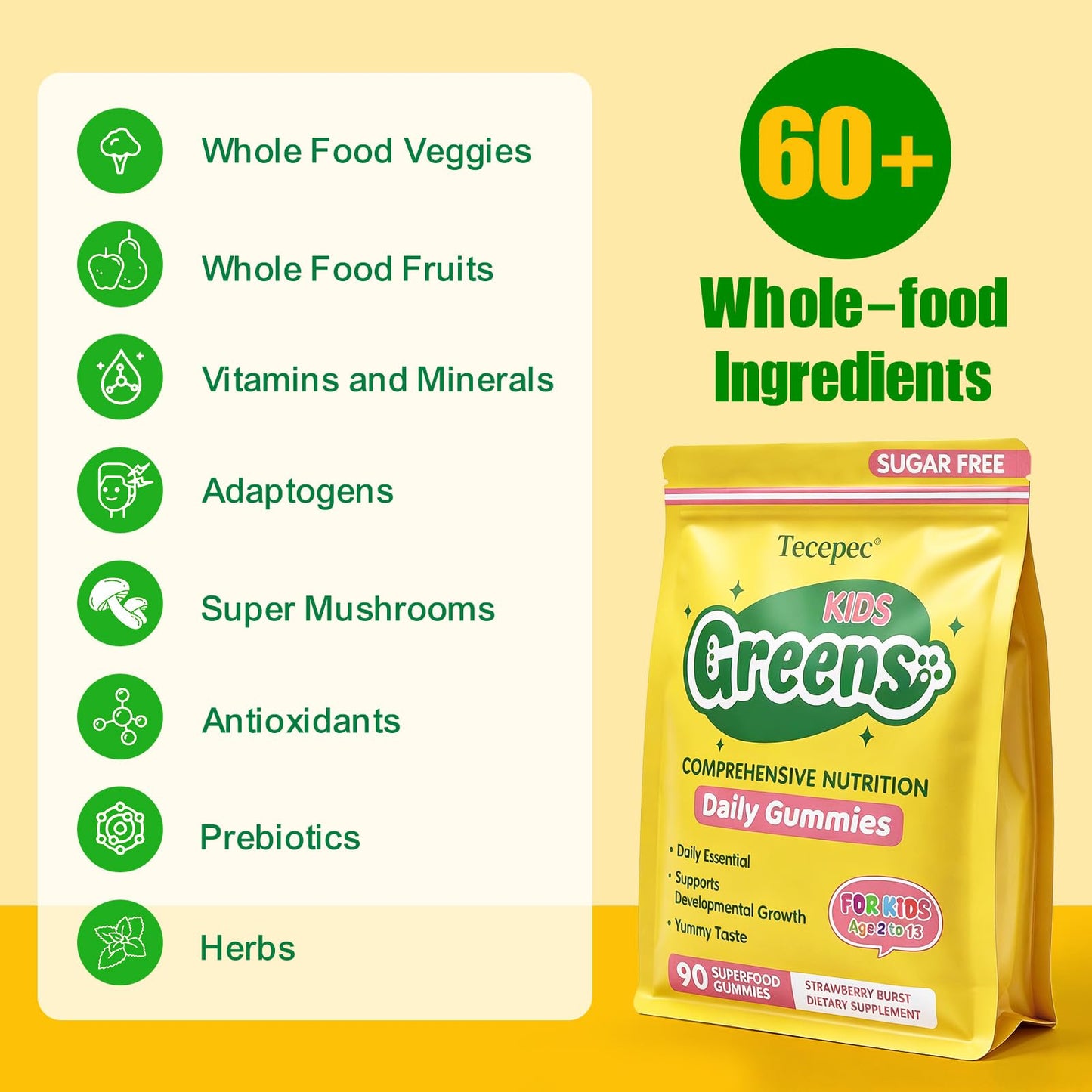 Tecepec Sugar Free Greens Daily Gummies for Kids - Superfood Fruits Veggies Blend with Spirulina, Chlorella, Prebiotics & Fiber, Adaptogens Multivitamin Supplement Digestive Health, Non-GMO, 90 Count