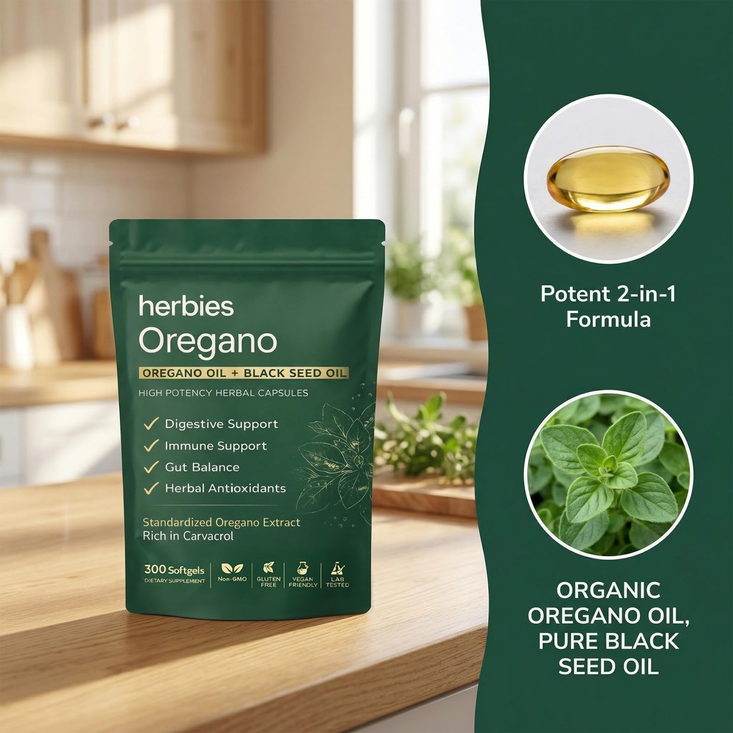 HERBIES OREGANO Organics Oregano and Black Seed Oil Capsules Softgels 300