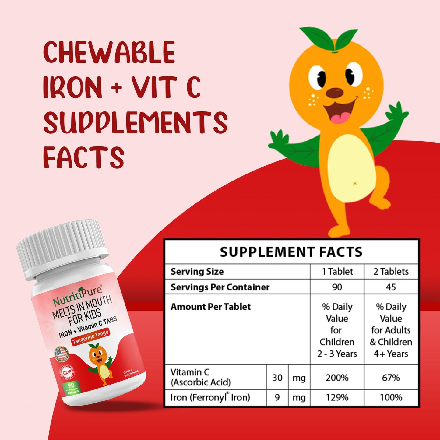 NutritiPure Kids & Toddler Chewable Iron 9mg with Vitamin C Orange Tablets, 90 Count