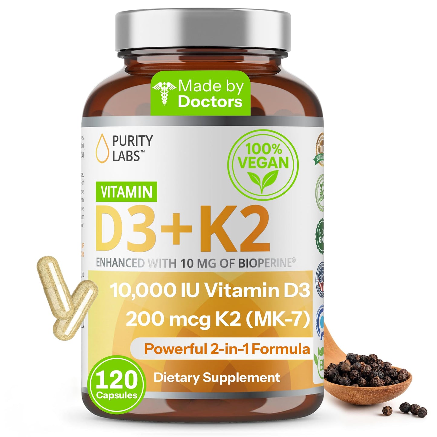 Purity Labs Vitamin D3 K2 10000 IU, 250mcg D3 + 200mcg K2 MK7 Capsule, 120 Count