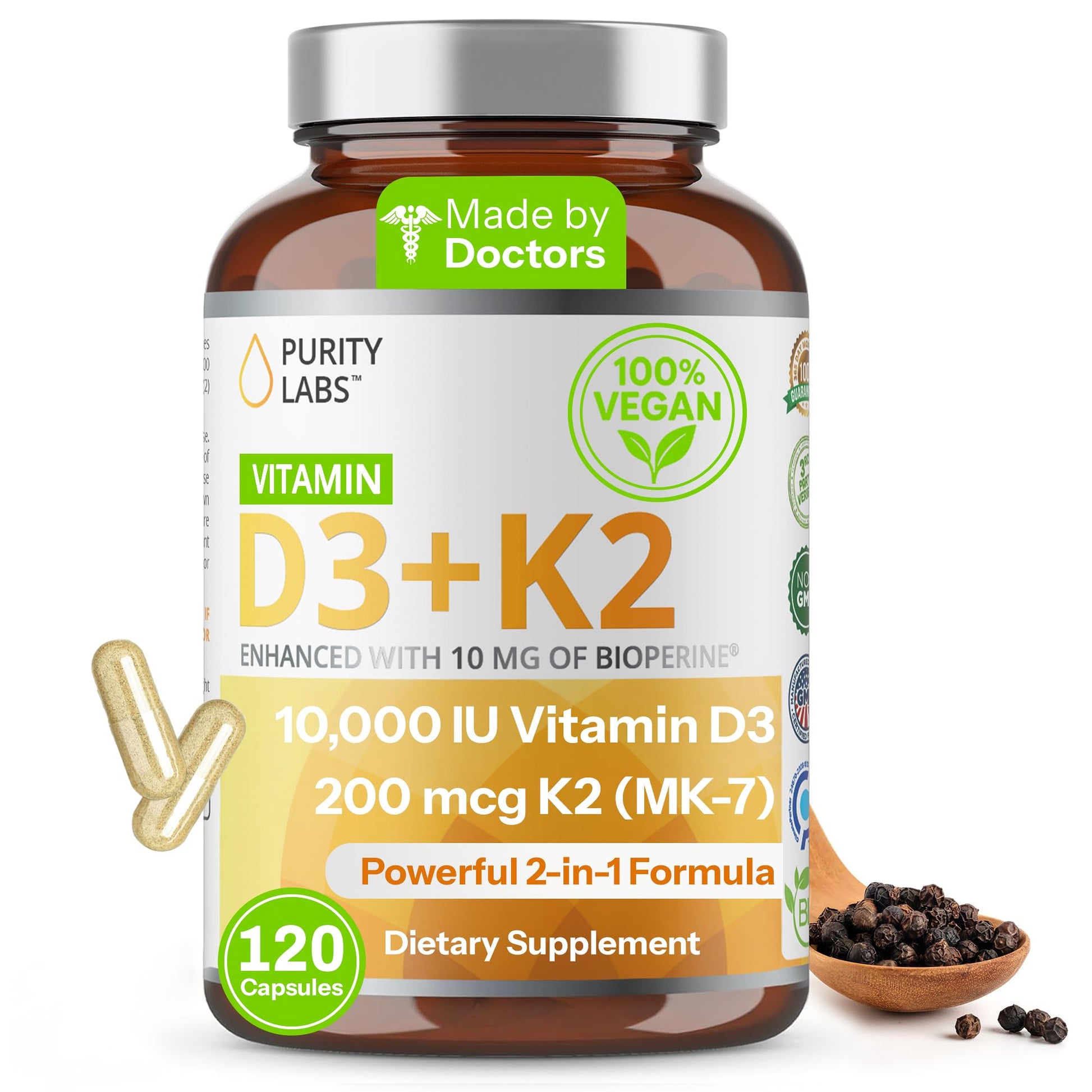 Purity Labs Vitamin D3 K2 10000 IU, 250mcg D3 + 200mcg K2 MK7 Capsule, 120 Count