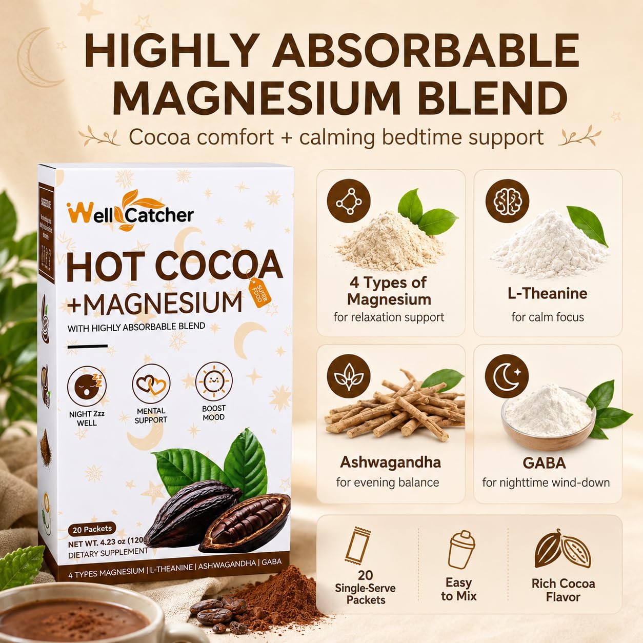 Wellcatcher Nighttime Sleep Hot Cocoa with Magnesium Powder, 4.23 oz