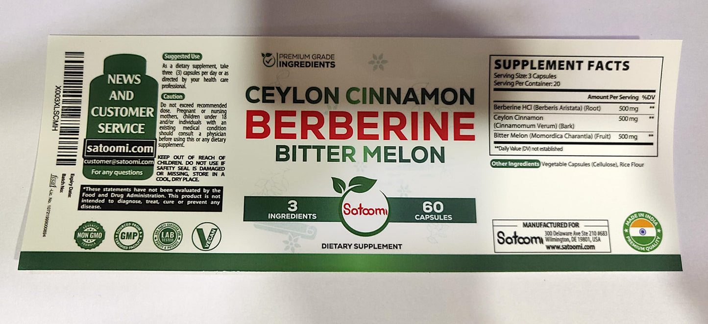 Satoomi Berberine Supplement with Organic Ceylon Cinnamon Bark & Bitter Melon - 3in1, 60 Vegan Capsules
