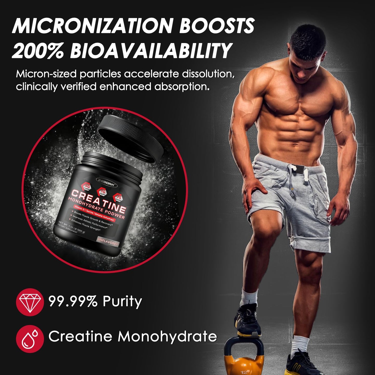 ZEBORA Micronized Creatine Monohydrate Powder, 17.64 oz