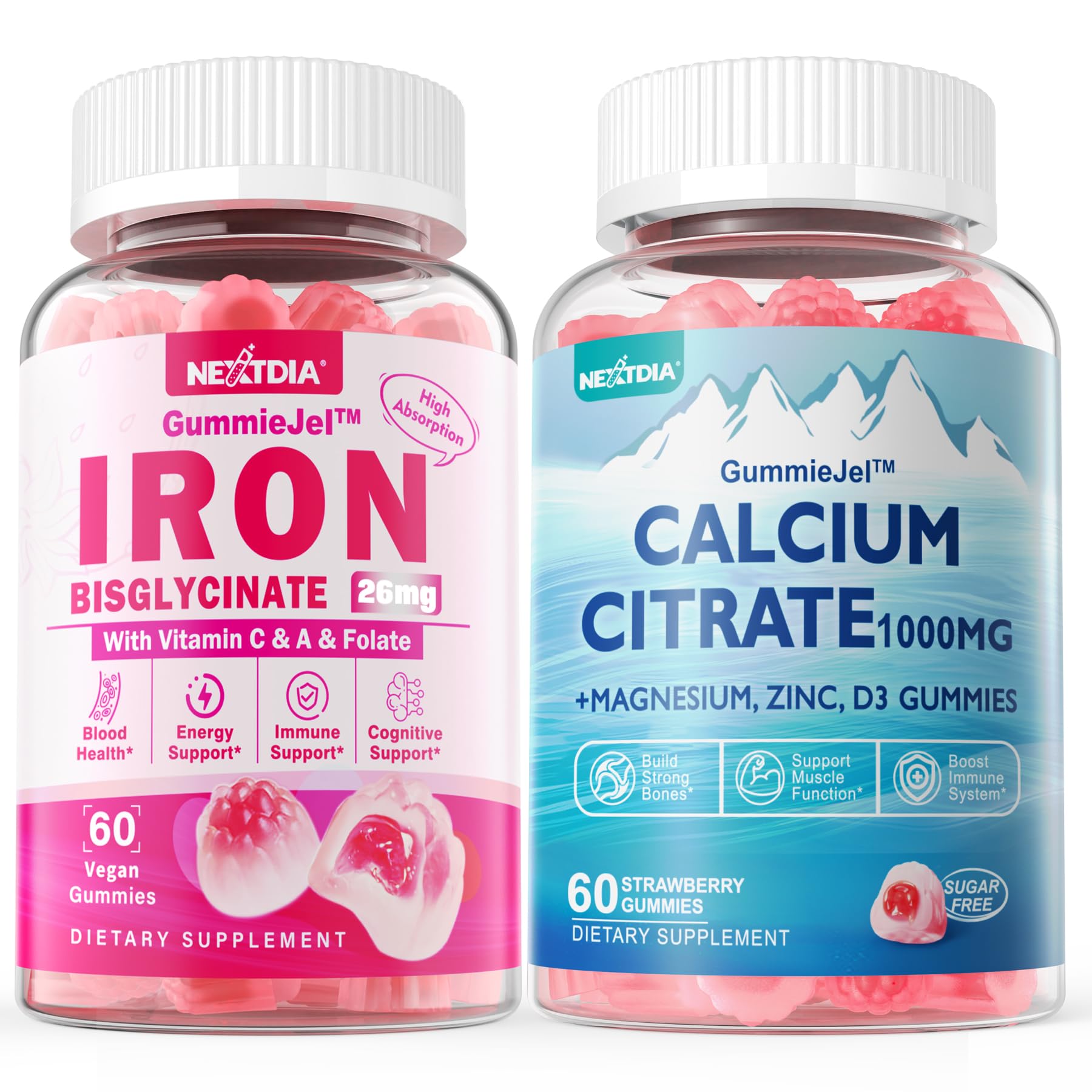 Nextdia Calcium Citrate 1000mg + Iron Bisglycinate 26mg Gummies, 120 Count