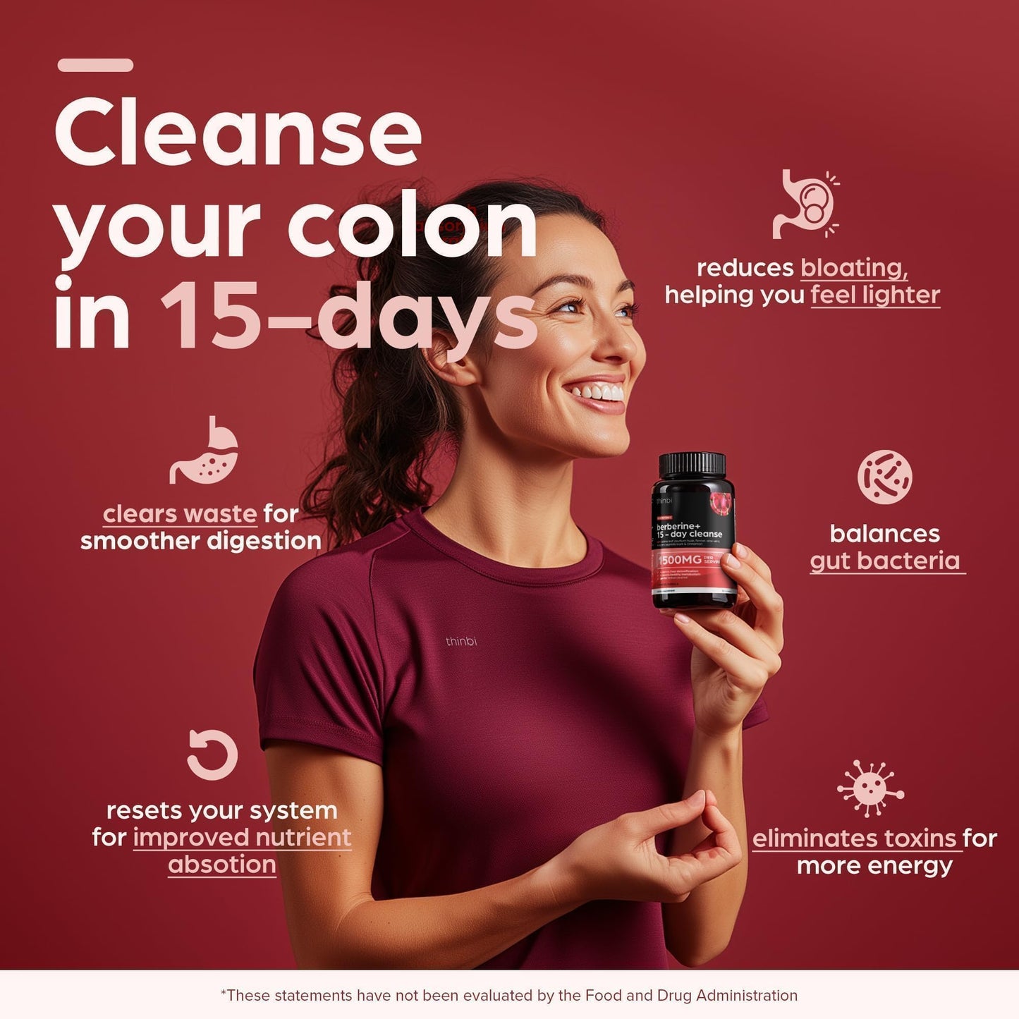 THINBI Advanced Ketogenic Colon Cleanse with Berberine 1500mg – 15 Day Parasite Detox for Men & Women – Extra Strength Formula with Senna Leaf Capsule, 30 Count