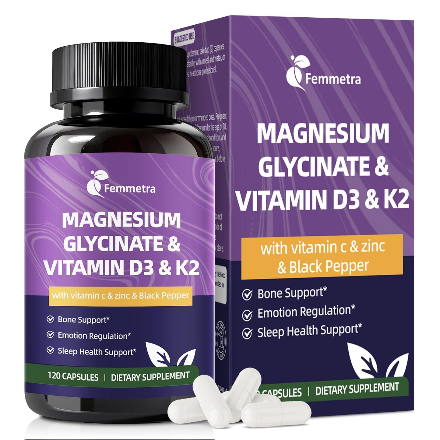 Femmetra Magnesium Glycinate 600mg Vitamin D3 K2 Supplement Capsules, 120 Count