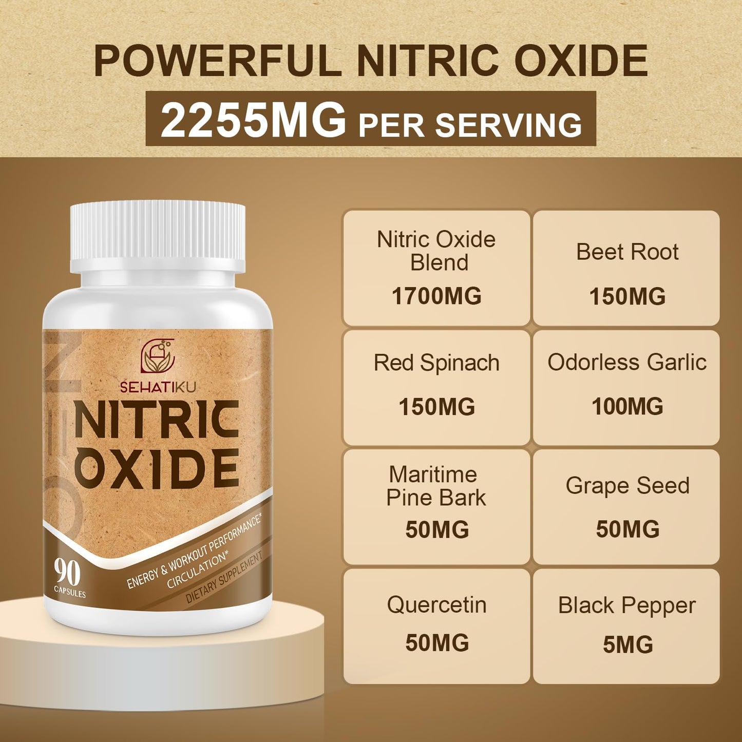 SehatiKu Nitric Oxide Supplement, Nitric Oxide Booster & 6-in-1 Phytonutrient Blend for Heart, Flow, Immune, 90 Capsules