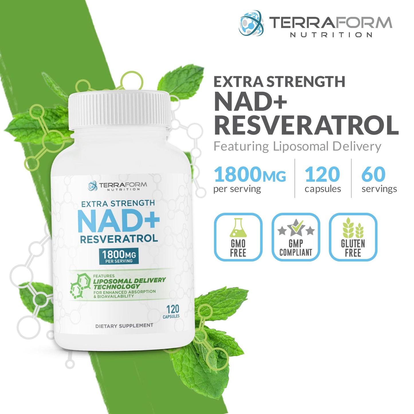 TerraForm Nutrition Liposomal NAD+ Resveratrol Capsule 120 Count