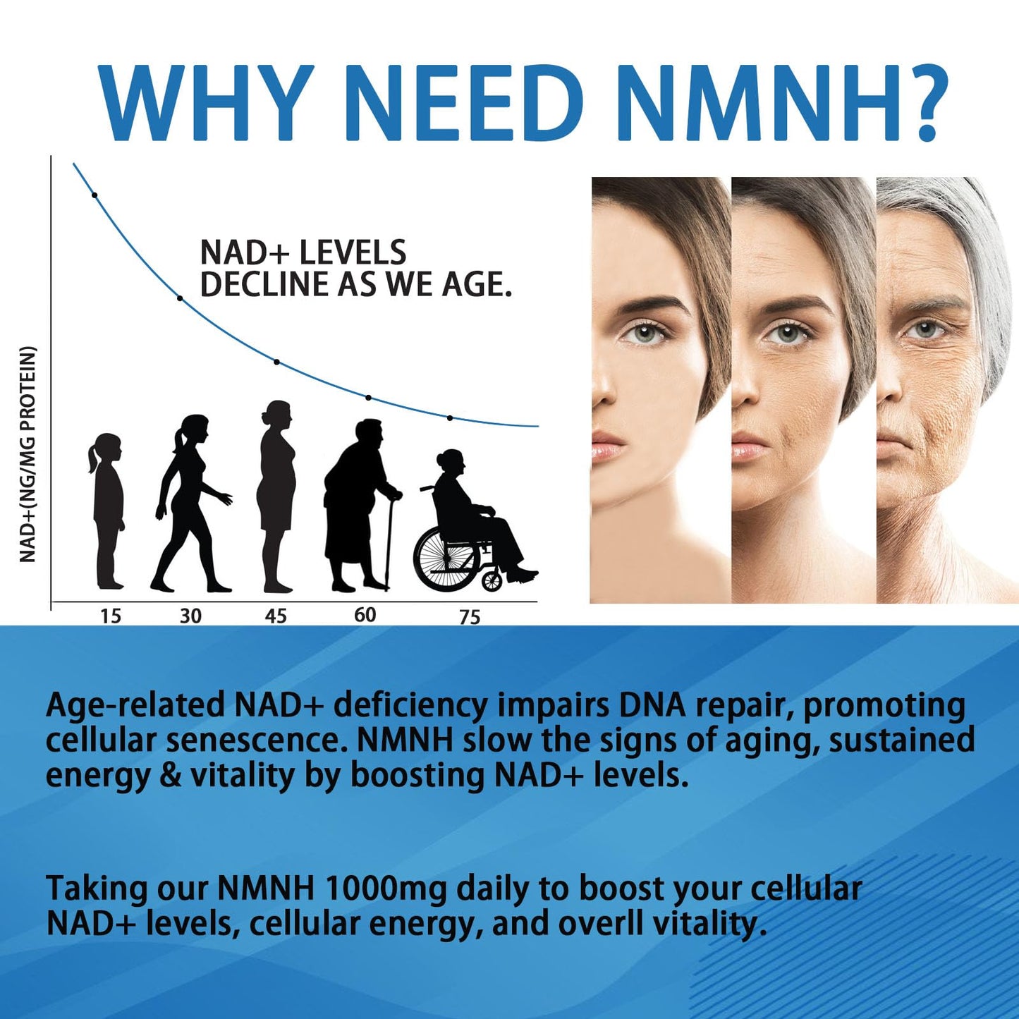 YZQ WAIDE NMNH (Dihydronicotinamide Mononucleotide) 1000mg NMNH Supplement to Boost NAD+ Levels, Resveratrol with Quercetin for Energy, Aging, 120 Capsules
