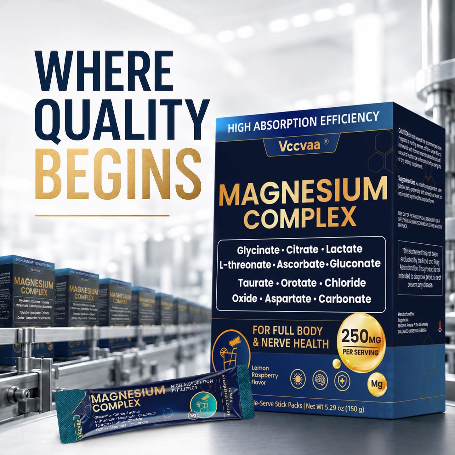 Vccvaa Magnesium Complex Powder Supplement with Glycinate, Citrate, Malate, Magnesium Complex with L-threonate for Muscle, Heart & Brain, Vegan (30 Servings) Lemon Raspberry