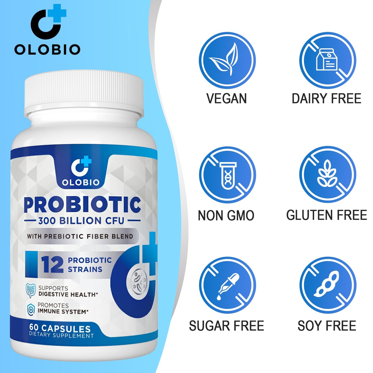 OLOBIO Probiotic 300 Billion CFU with 12 Strains and 3 Organic Prebiotics Capsules, 60 Count