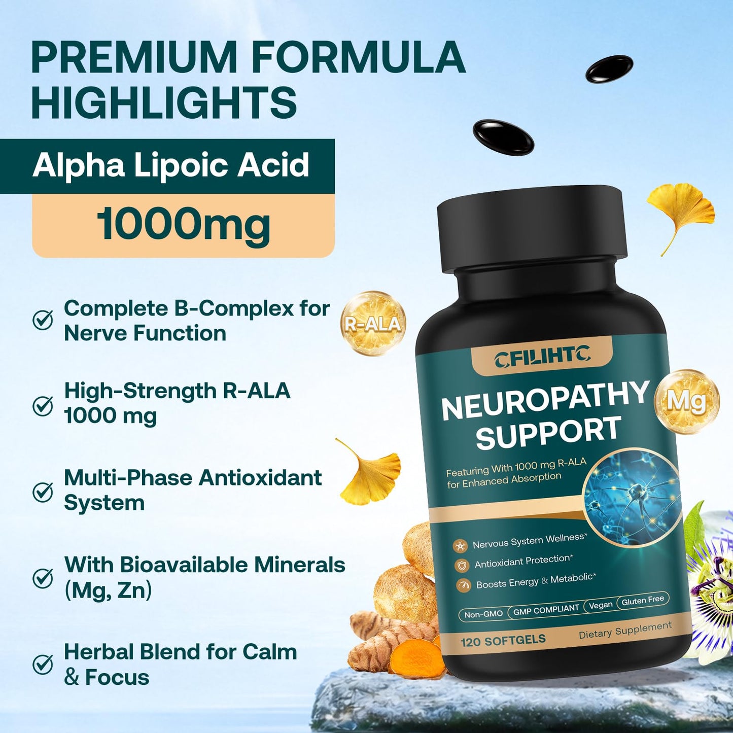 CFILIHTC Neuropathy Support Nerve Supplement – Advanced R-Alpha Lipoic Acid with Benfotiamine, NAC & B-Complex for Nerve Health, Antioxidant & Cellular Energy, Vegan, 120 Softgels