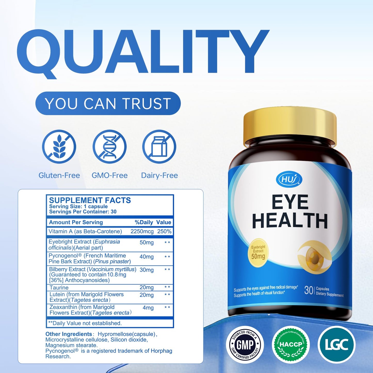 HUJ Eye Health Eye Supplement Capsules with Pycnogenol, Bilberry & Lutein - 30 Capsules