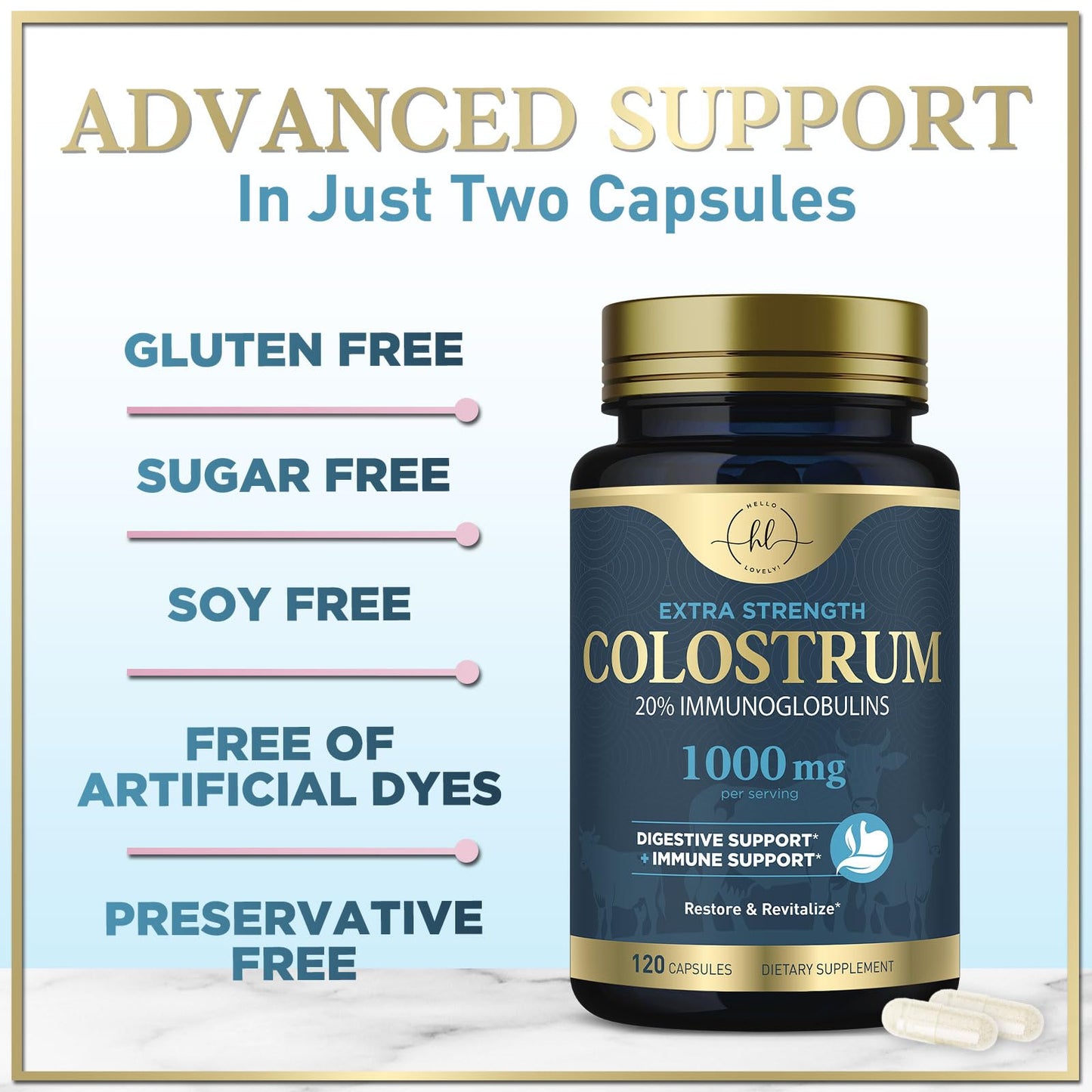 Hello Lovely! Bovine Colostrum Powder 1000mg Per Serving Capsules 120 Count