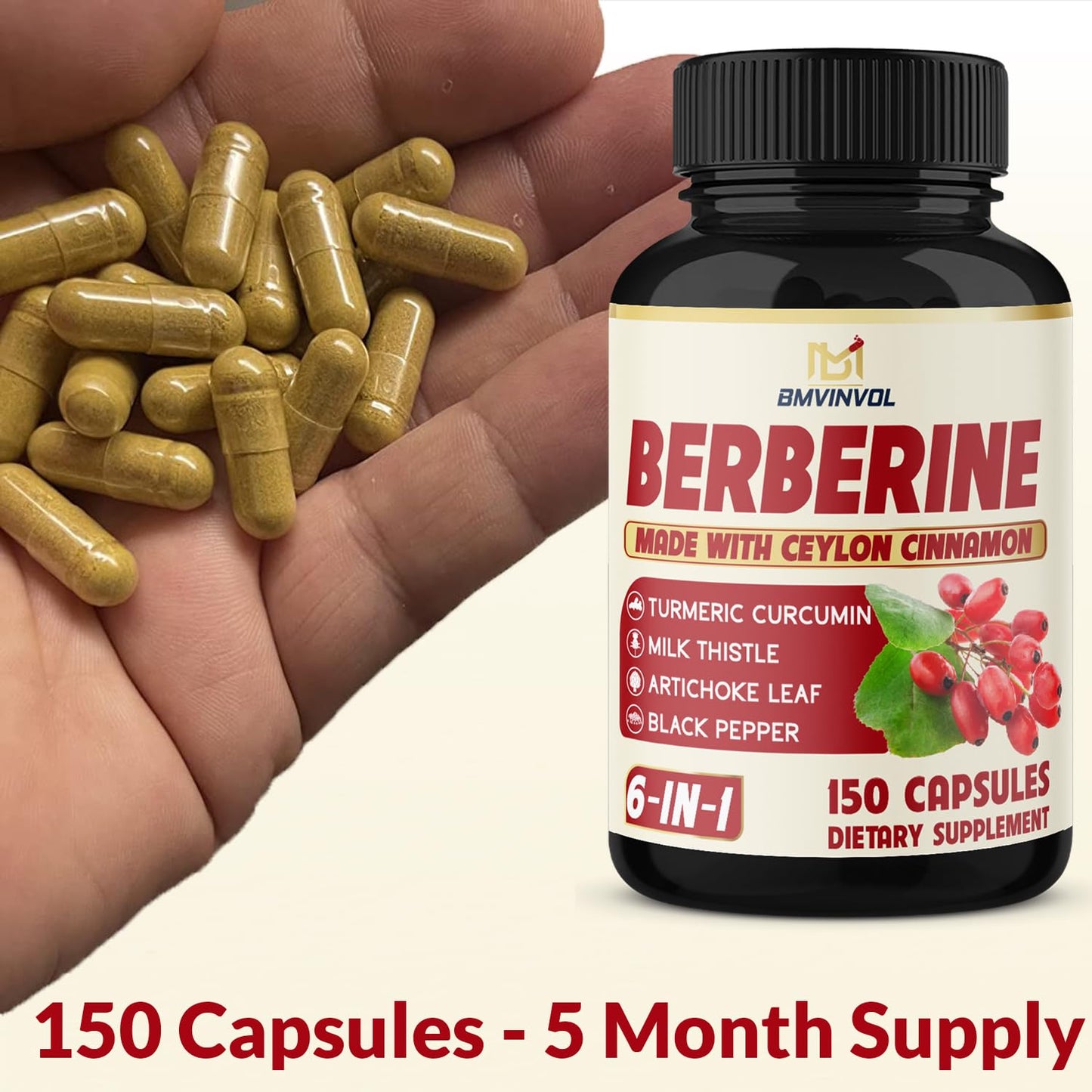 BMVINVOL Berberine with Ceylon Cinnamon, Turmeric, Milk Thistle, Artichoke, Black Pepper 150 Capsules