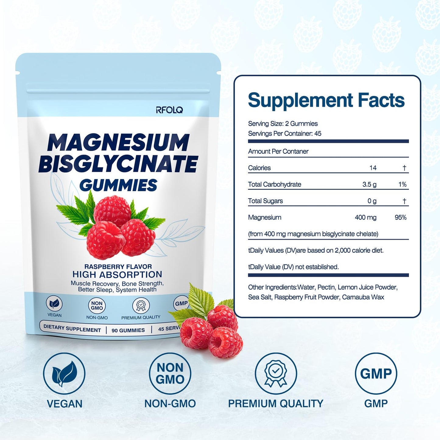 RFOLQ Magnesium Bisglycinate Gummies 400mg Absorption Magnesium Supplement, 90 Count