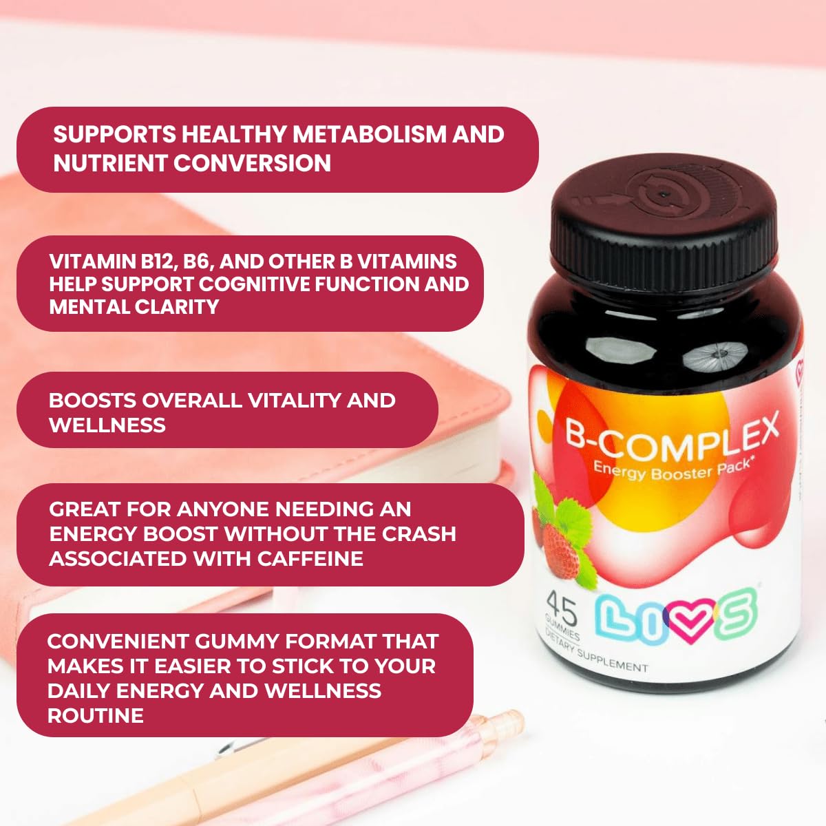 LIVS Vitamin B Complex Gummies with B12, Biotin, B3, B6 & Vitamin C for Kids & Adults, 90 Ct