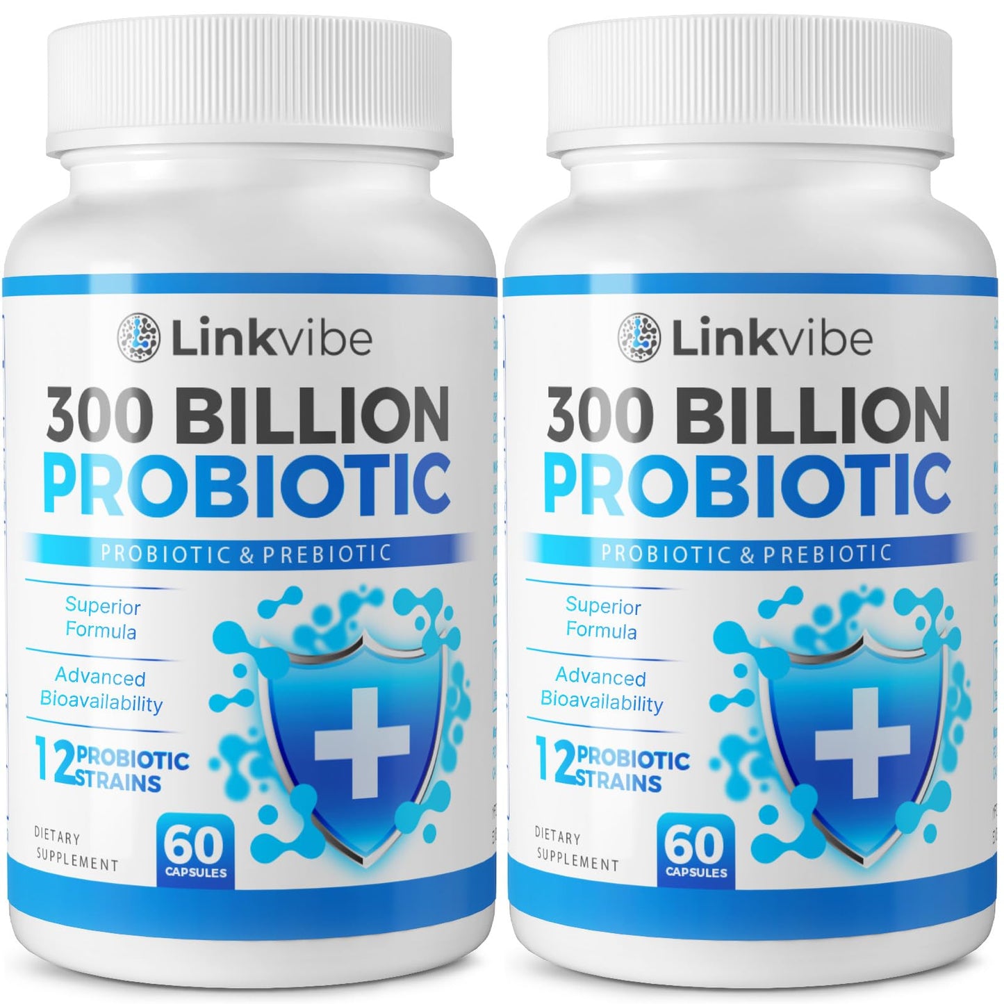 Linkvibe Probiotic 300 Billion CFU - 12 Strains with Organic Prebiotics for Digestive & Immune Support, Capsule, 120 Count