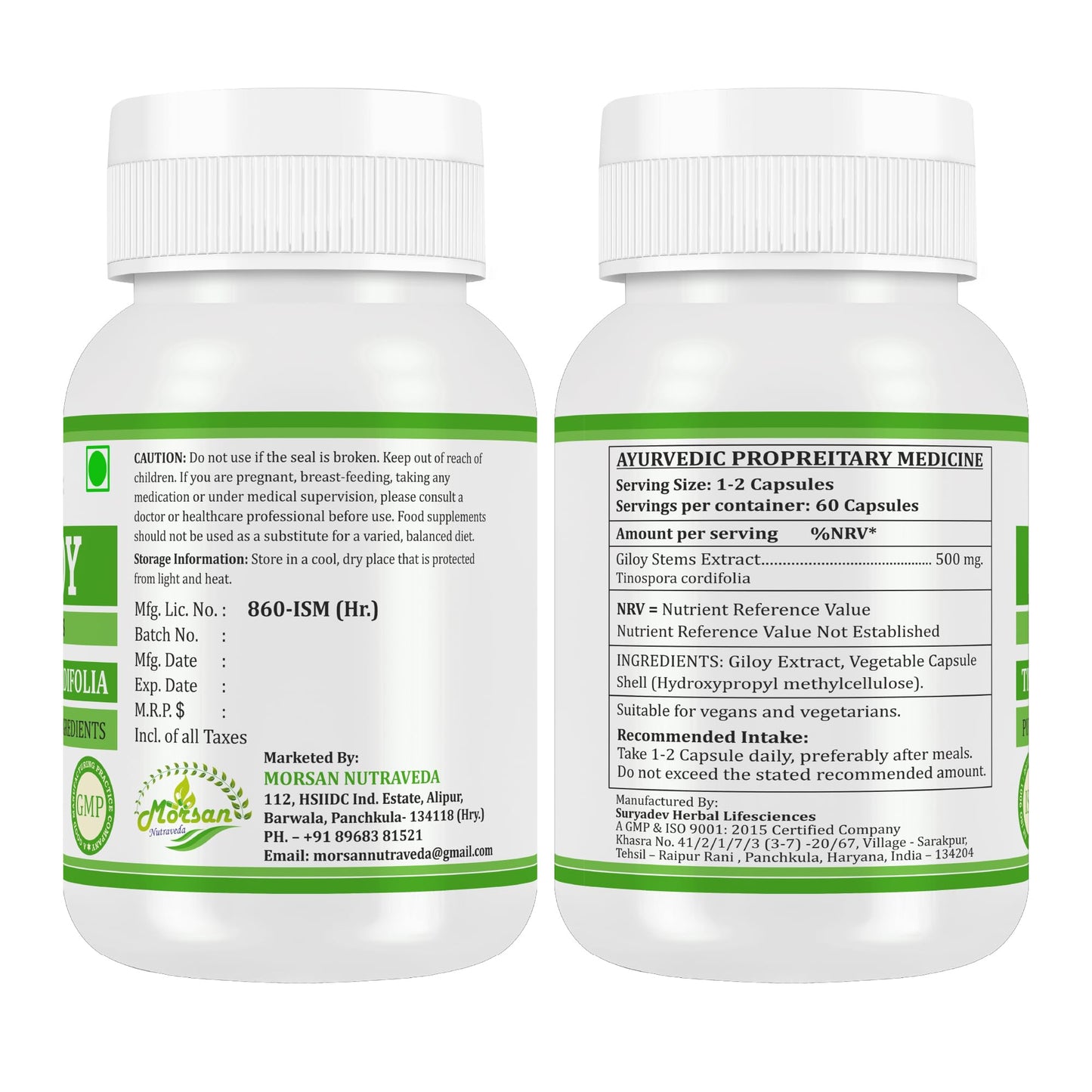 Morsan Nutraveda Tinospora Cordifolia (Giloy, Guduchi) Extract Capsules, 120 Capsules