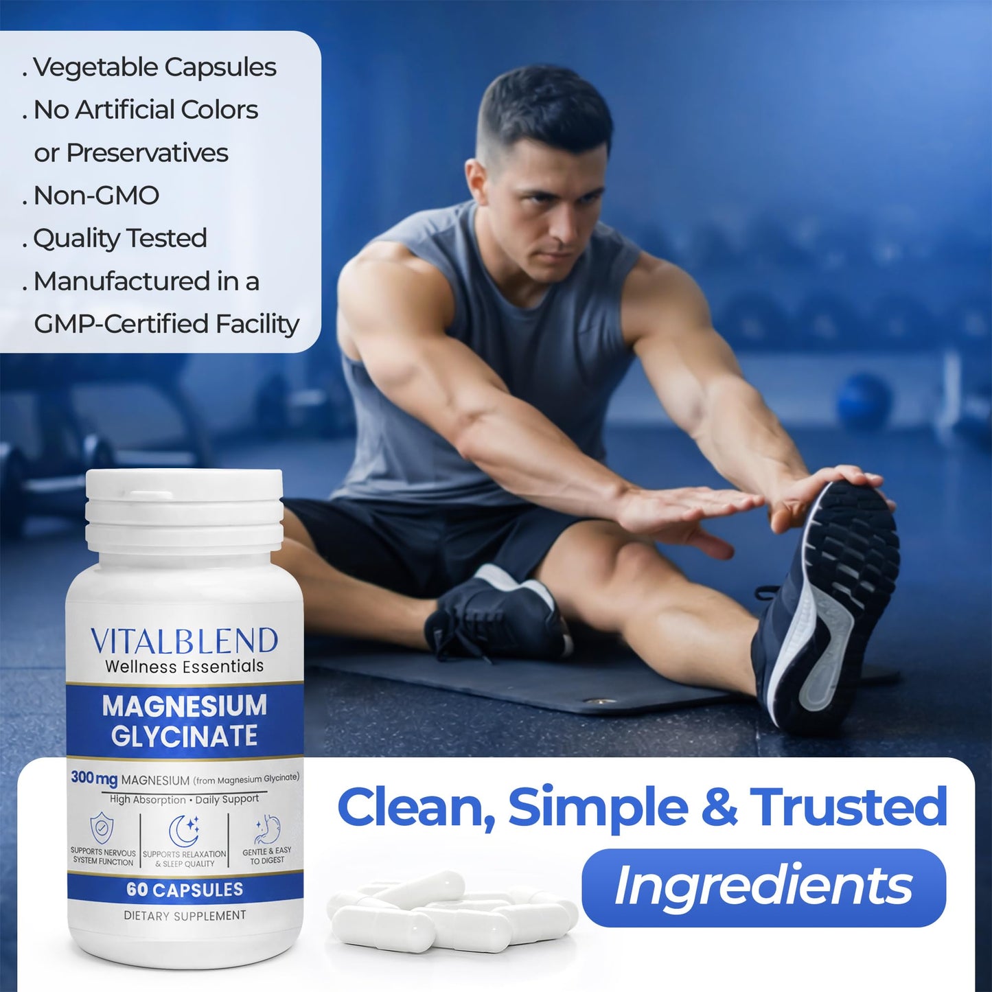 Vitalblend Magnesium Glycinate Capsules 300 mg – Chelated Magnesium Supplement for Relaxation, Sleep & Muscle Support – High Absorption Formula – Gentle on Stomach, 60 Capsules