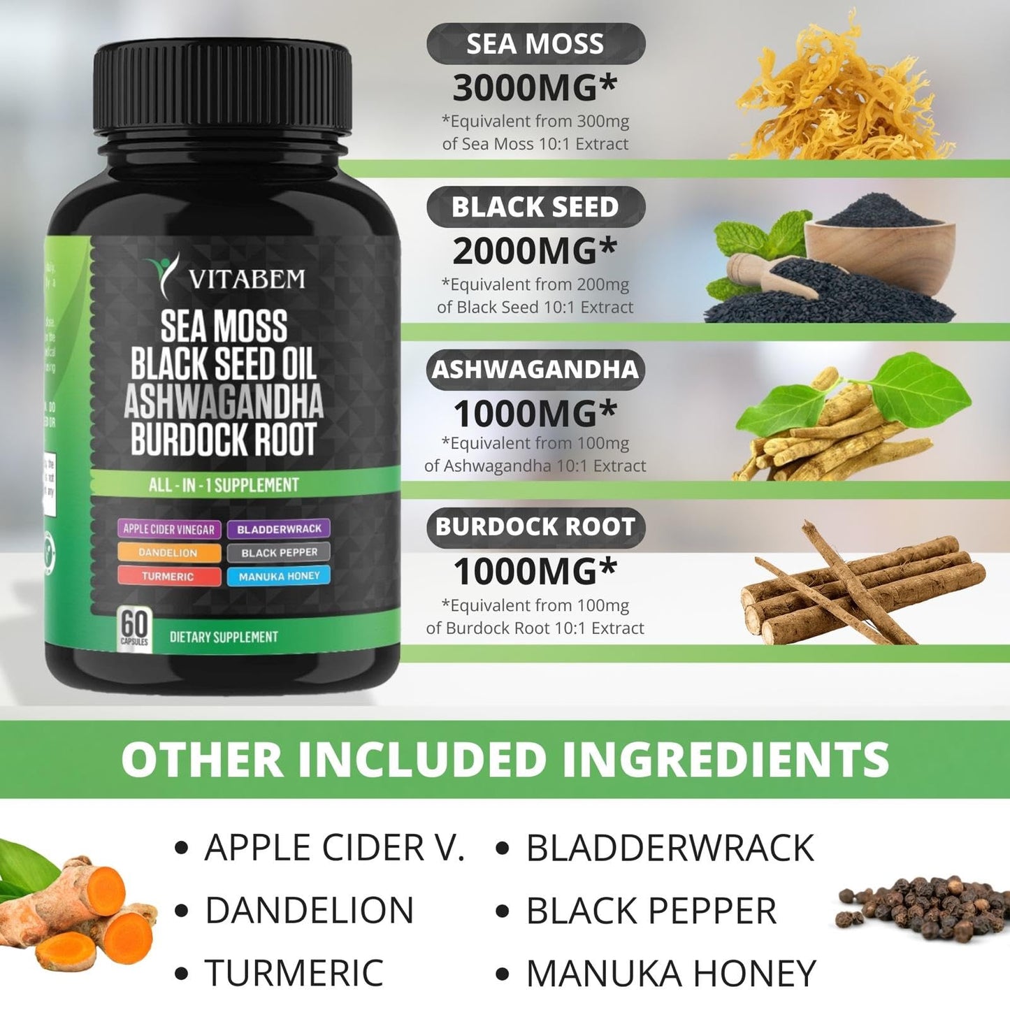 Vitabem Sea Moss Black Seed Oil Ashwagandha Turmeric Bladderwrack Burdock Root Capsules - 60 Count
