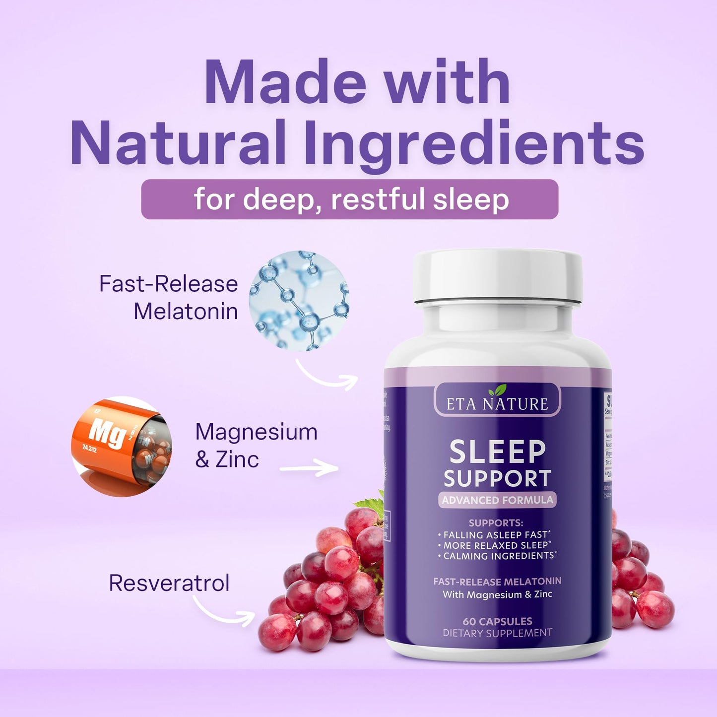 ETANATURE Sleep Supplement with Melatonin, Resveratrol, Zinc & Magnesium Capsules, 60 Count