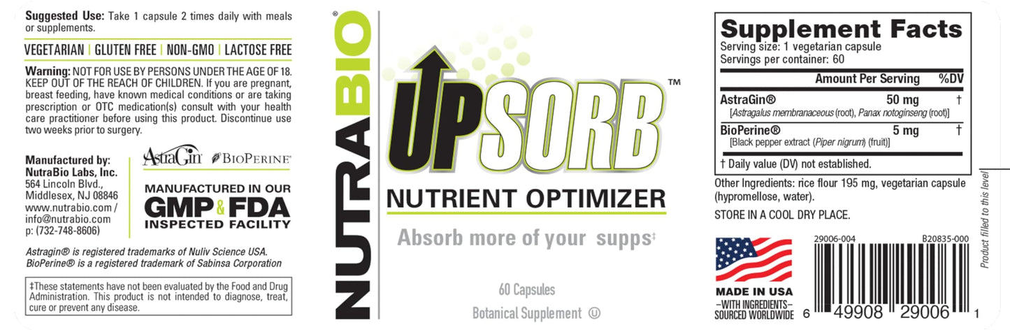 NutraBio UpSorb BioPerine Supplement - Nutrient Bioavailability Enhancer with Black Pepper Extract, 60 Capsules