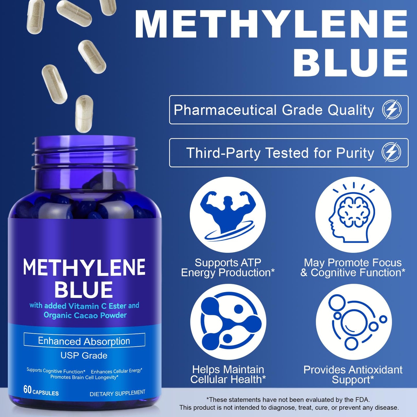 YEMFGQOE Methylene Blue Pharmaceutical Grade Supplement, 60 Capsules